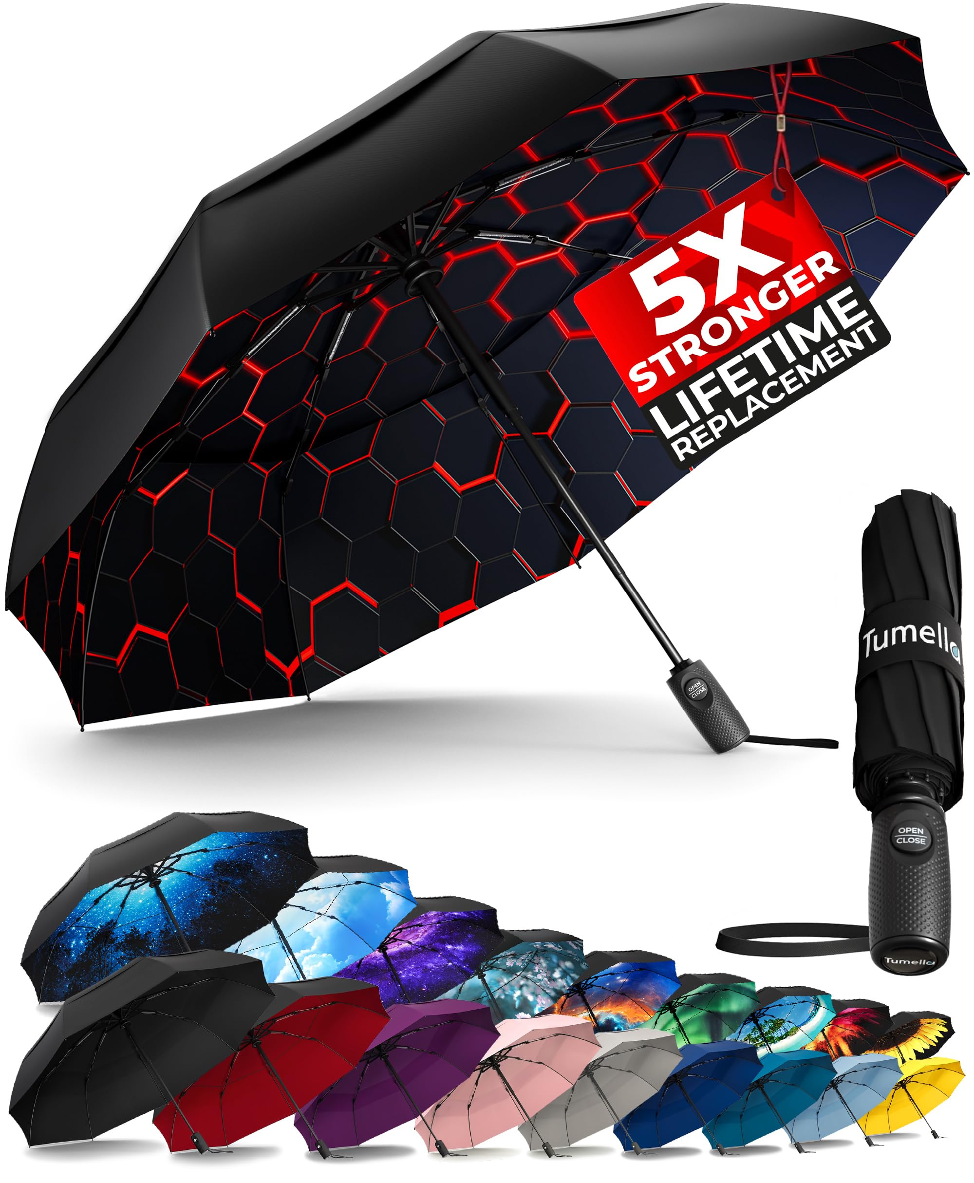 TUMELLA Strongest Windproof Travel Umbrella (Compact, 100MPH Wind-Tested), Light, Portable, One-Handed Use, Automatic Folding Rain Umbrella, Durable, Premium Grip, Fits Car & Backpack