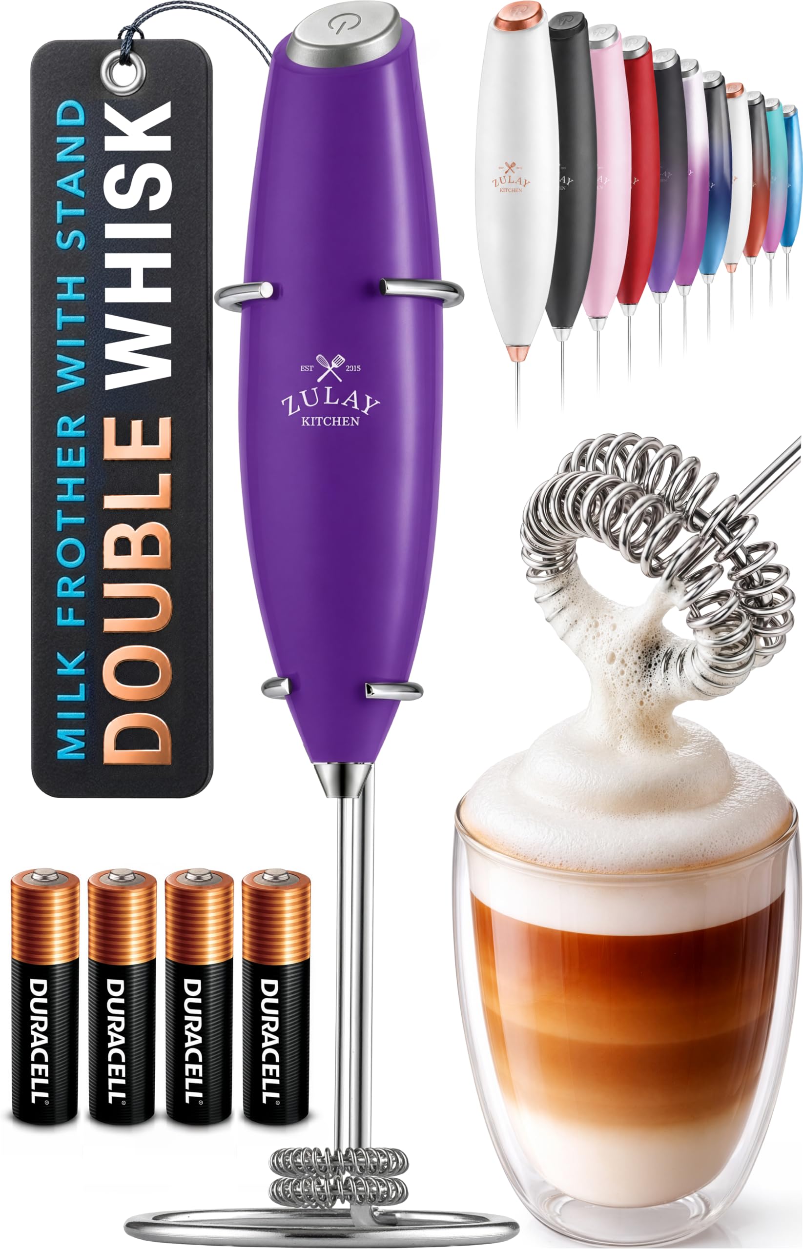 Zulay Kitchen Powerful Milk Frother Wand With Duracell Batteries - Ultra Fast Handheld Drink Mixer - Electric Whisk Foam Maker for Coffee, Lattes, Cappuccino & Matcha - Z1 Motor - Black