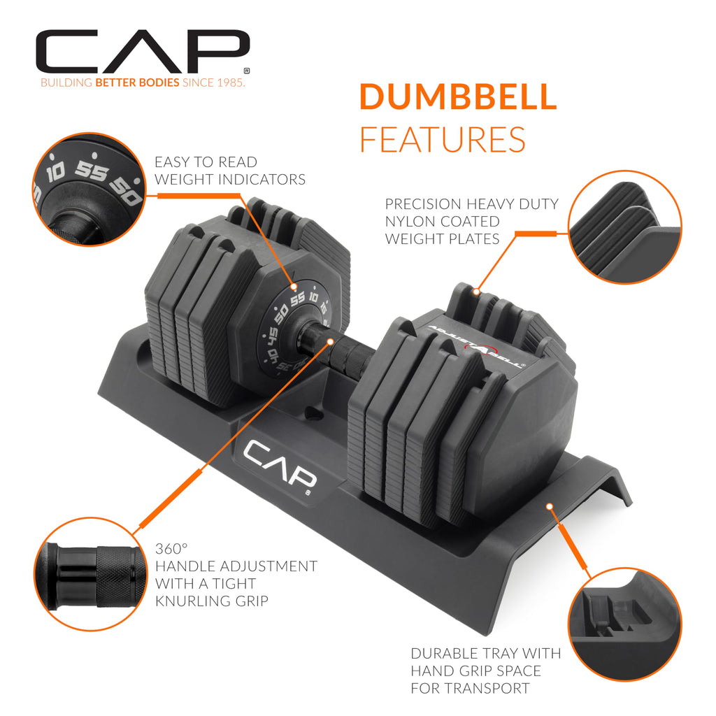 CAP ADJUSTABELL Adjustable Dumbbell Set, Premium Quick Select Adjustable Weights for Strength Training, Singles & Pairs, 12.5 LB, 25 LB & 55 LB, Round & Hex Dumbbells, Multiple Grip Handle Options