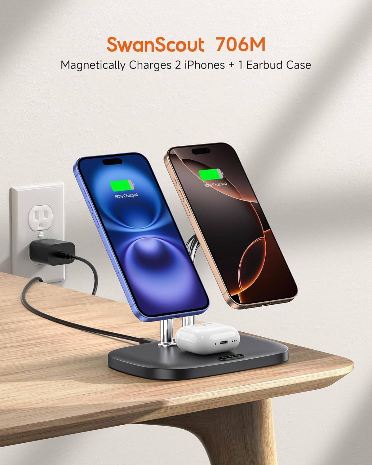 Charging Station for Mag Safe Charger, 3 in 1 Wireless Charger for iPhone Air/17/16/15/14/13/12 Series, for Apple Watch & Air Pods, SwanScout 707M (No Adapter)