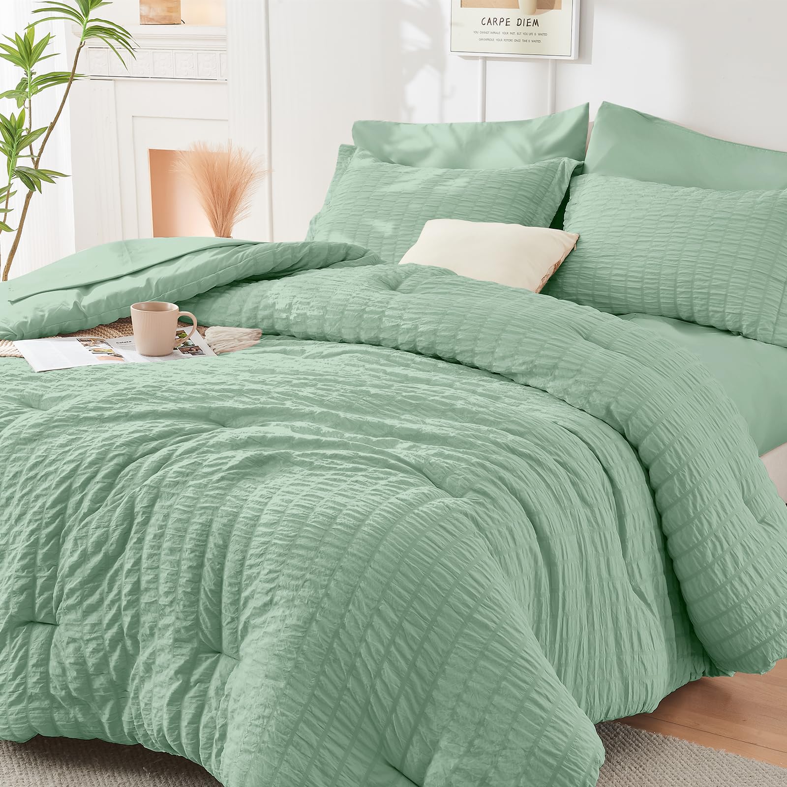 HYMOKEGE Twin XL Comforter Set Seersucker 5 Pieces, All Season Luxury Bed in a Bag for Bedroom, Bedding Set with Comforter, Sheet, Pillowcase & Sham, Dark Grey