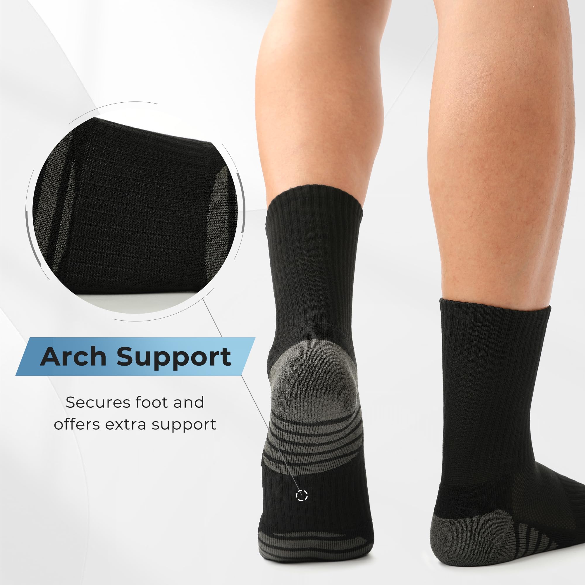 BAMBOO COOL Men's Crew Socks Athletic Running Sports Socks, Cushioned Moisture Wicking, Breathable Arch Support 6 Pack