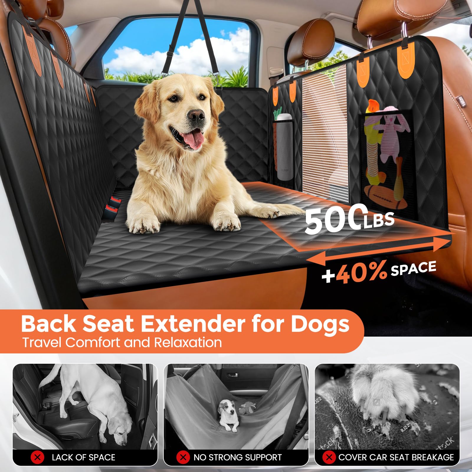 Dog Seat Cover for Back Seat, Hard Bottom Car Seat Cover for Dogs | Back Seat Extender Holds 500 lbs, Waterproof Back Seat Pet Cover for Dogs, Dog Hammock Travel Accessories for Car,SUV,Truck