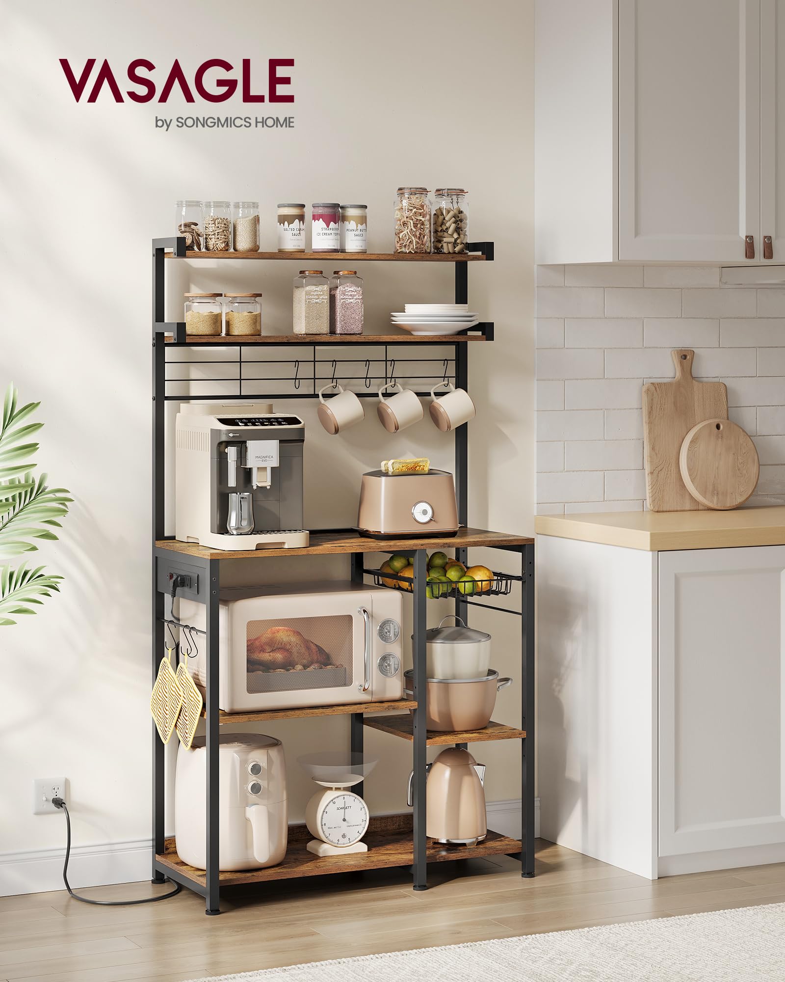 VASAGLE Kitchen Bakers Rack with Power Outlet, Coffee Bar with 35.4-Inch High Worktop, Microwave Stand with 8 Hooks, 15.7 x 31.5 x 66.9 Inches, Golden Oak and Cloud White UKKS059Y01