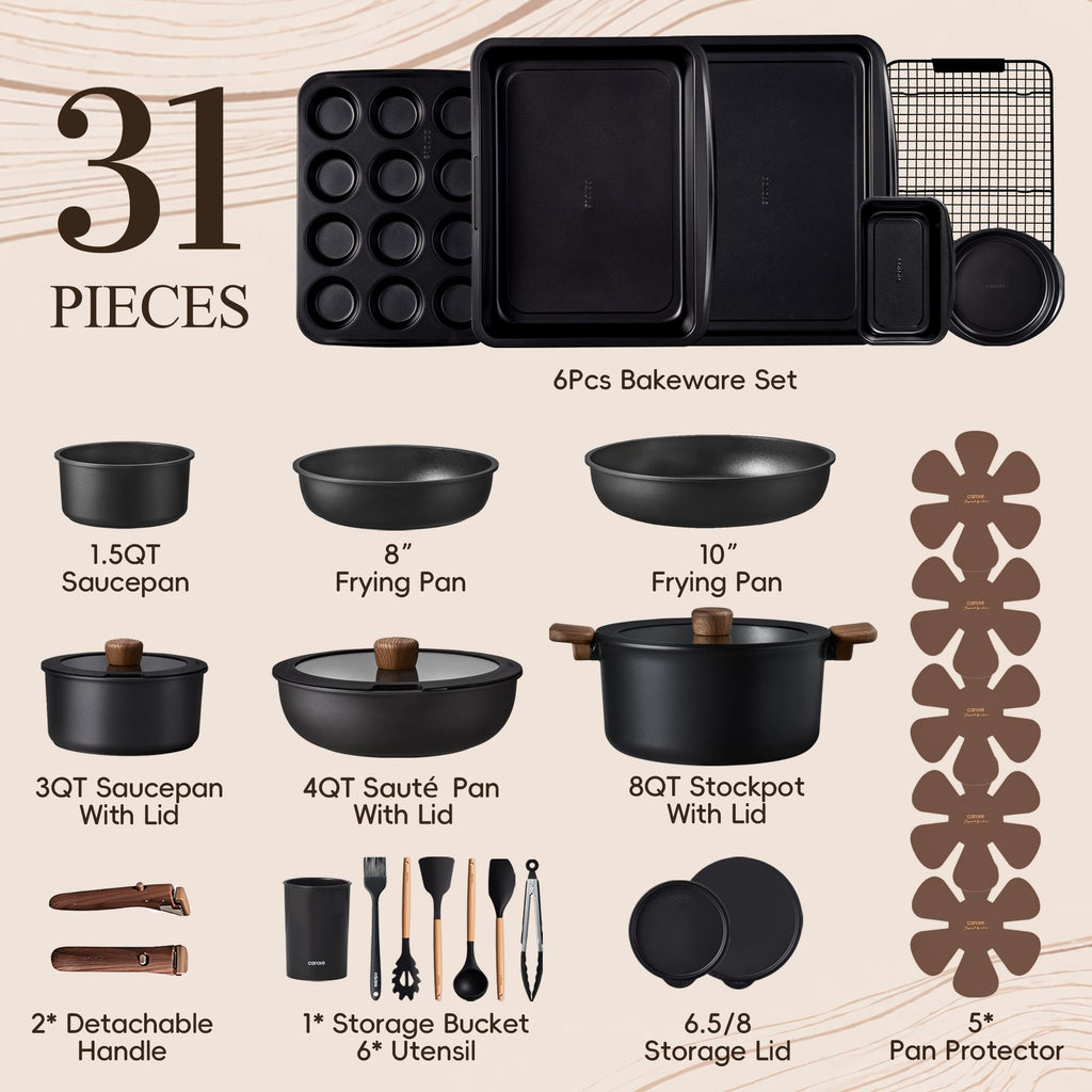 CAROTE 19pcs Pots and Pans Non Stick, Cookware Sets Detachable Handle, Induction Kitchen Pots and Pans,NonStick Cooking Set, Oven/Dishwasher/Fridge Safe, Space Saving