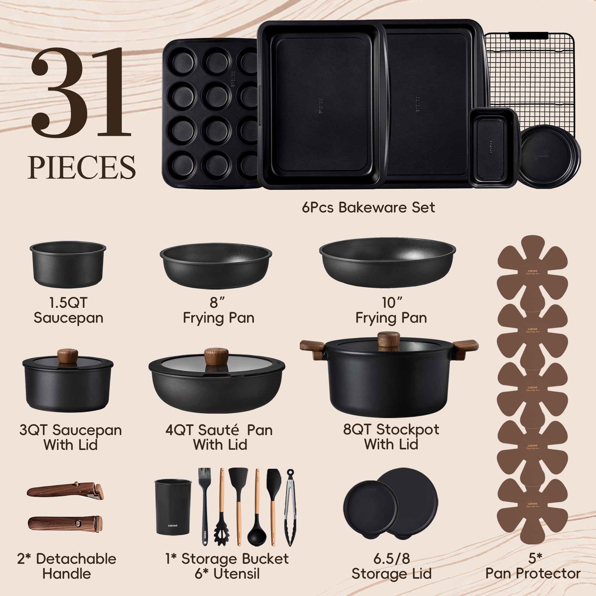 CAROTE 19pcs Pots and Pans Non Stick, Cookware Sets Detachable Handle, Induction Kitchen Pots and Pans,NonStick Cooking Set, Oven/Dishwasher/Fridge Safe, Space Saving