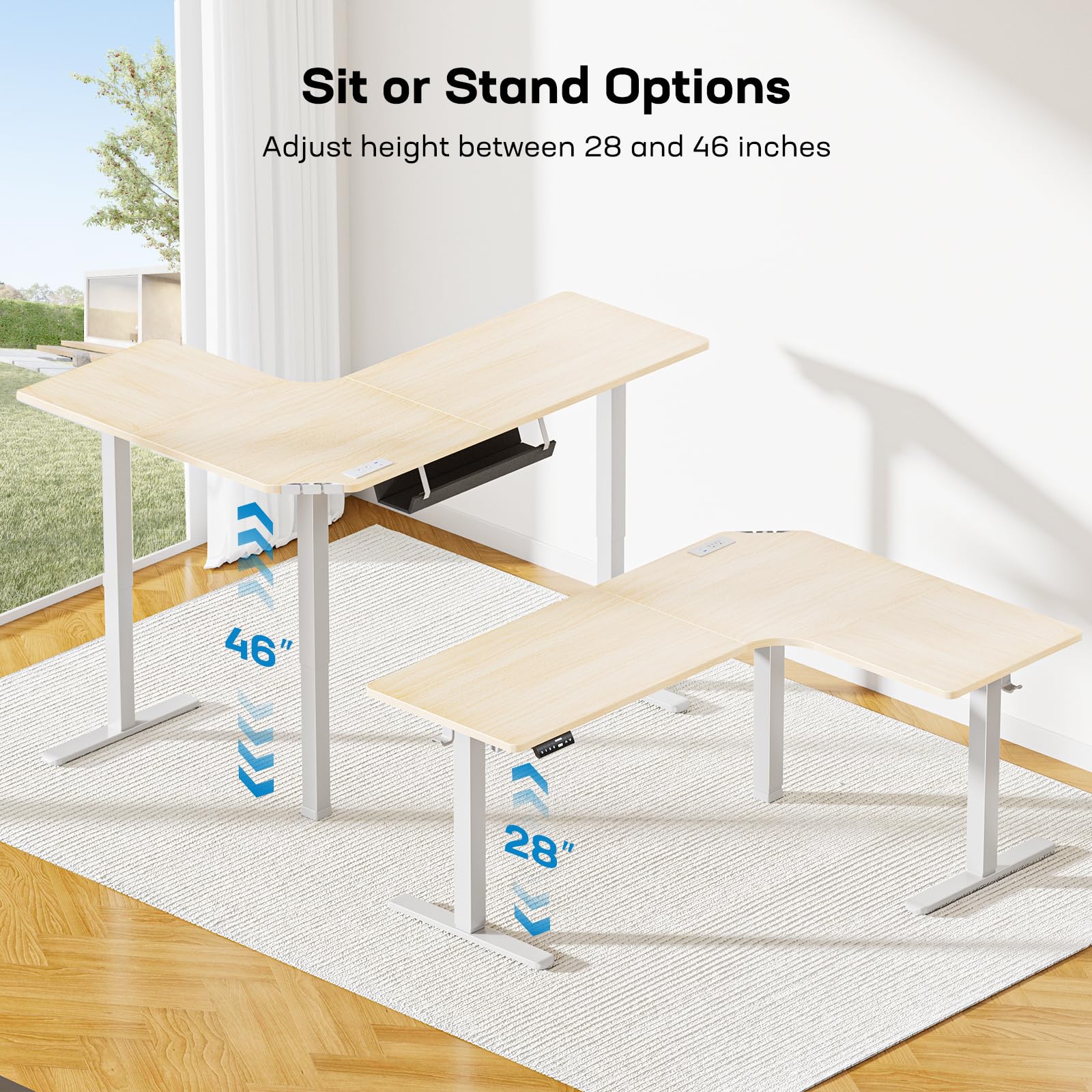 HUANUO 63″ L-Shaped Standing Desk, Built-in Power Outlets, Electric Height Adjustable Corner Computer Desk, Large Power Strip Holder, Sit Stand Up Desk with 3 Preset Heights, Black