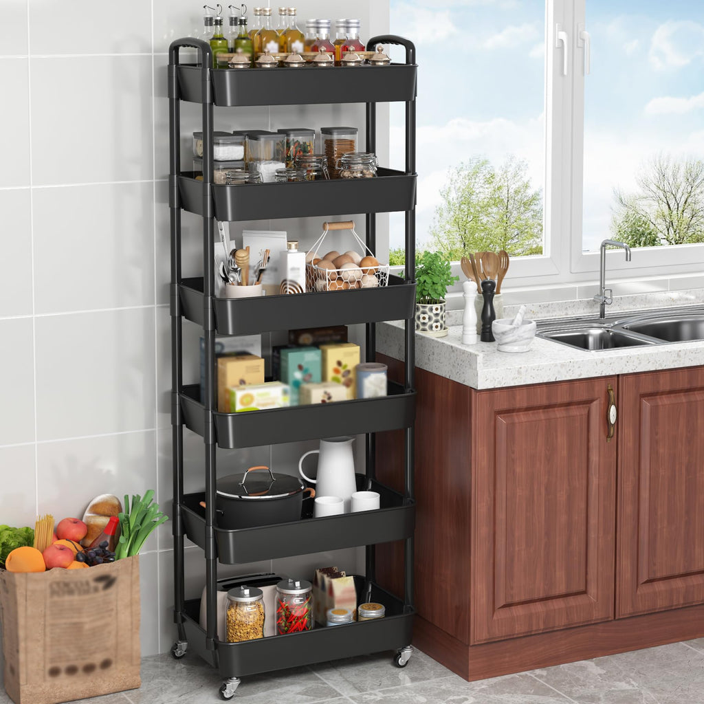 Sywhitta 3-Tier Plastic Rolling Utility Cart with Handle, Multi-Functional Storage Trolley for Office, Living Room, Kitchen, Movable Storage Organizer with Wheels, Black