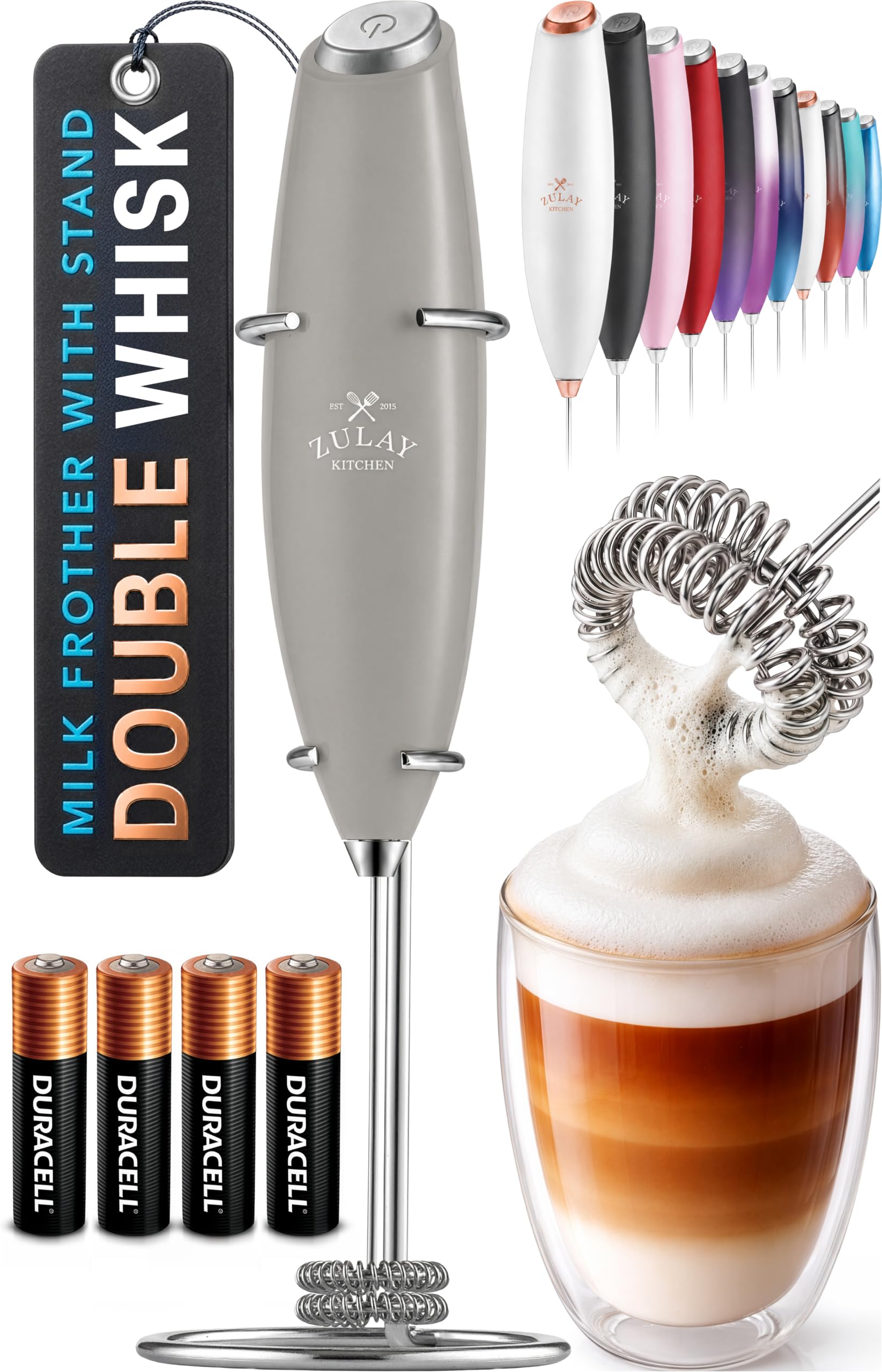 Zulay Kitchen Powerful Milk Frother Wand With Duracell Batteries - Ultra Fast Handheld Drink Mixer - Electric Whisk Foam Maker for Coffee, Lattes, Cappuccino & Matcha - Z1 Motor - Black