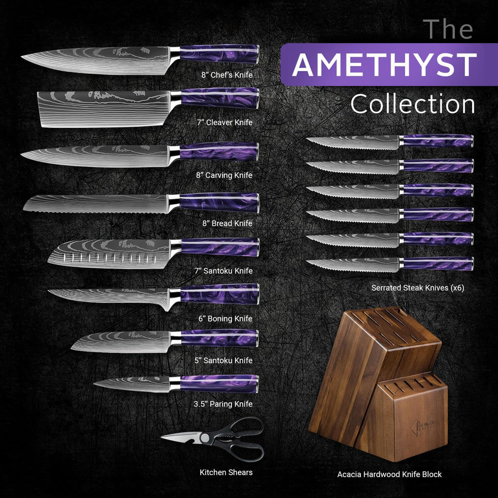 SENKEN 16-Piece Knife Block Set - Japanese High Carbon Stainless Steel with Damascus Pattern, Dark Wood Handles, 6 Steak Knives & Acacia Hardwood Block (Brown)