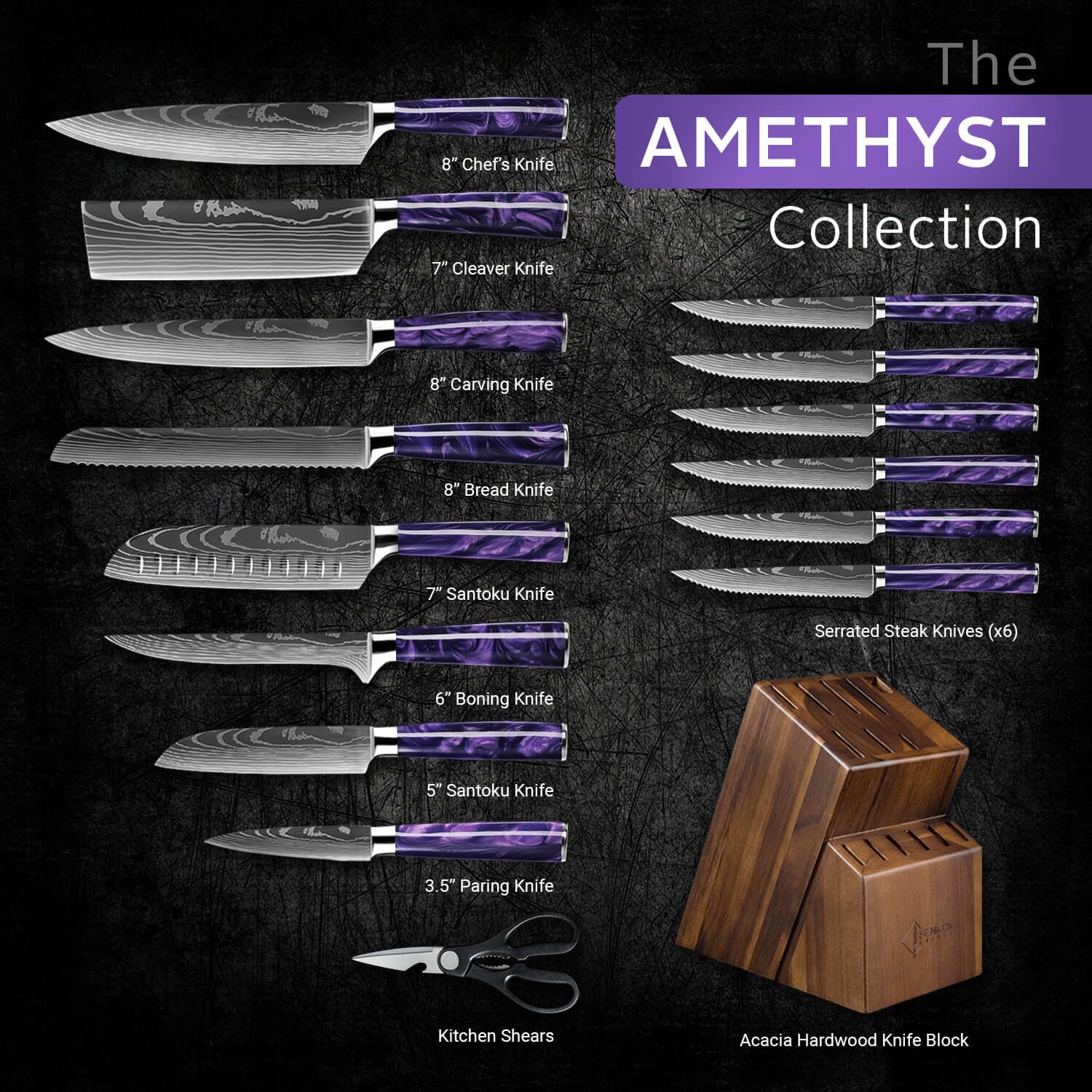 SENKEN 16-Piece Knife Block Set - Japanese High Carbon Stainless Steel with Damascus Pattern, Dark Wood Handles, 6 Steak Knives & Acacia Hardwood Block (Brown)