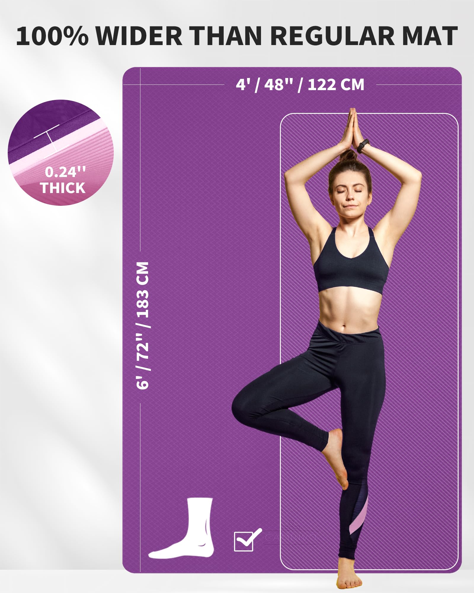 CAMBIVO Yoga Mat 72" x 48" Large Workout Mat for Home Gym Flooring | 6mm-12mm (0.24"-0.48") Extra Thick Exercise Mat for Apartment Fitness | High-Density TPE Cushioning for Joint Protection
