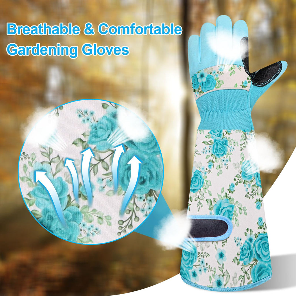 DLY Garden Gloves for Women,Gardening Gloves,Gardening Gift for Lady,Blue,M | Thornproof Cowhide Palm, Foam-Padded Grip, Long Sunflower Print Cuff, 3-Finger Touchscreen, Rose Pruning, Weeding & Yard Work