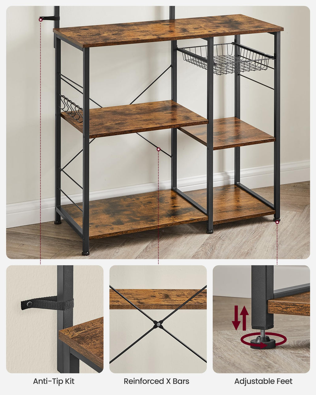 VASAGLE Kitchen Bakers Rack with Power Outlet, Coffee Bar with 35.4-Inch High Worktop, Microwave Stand with 8 Hooks, 15.7 x 31.5 x 66.9 Inches, Golden Oak and Cloud White UKKS059Y01