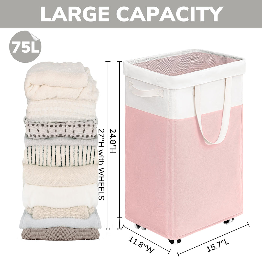 Goodpick Pink Laundry Basket with Wheels, Dorm Room Essentials for Girls, 75L Collapsible Laundry Basket, Laundry Hamper with Handle for College Dorm