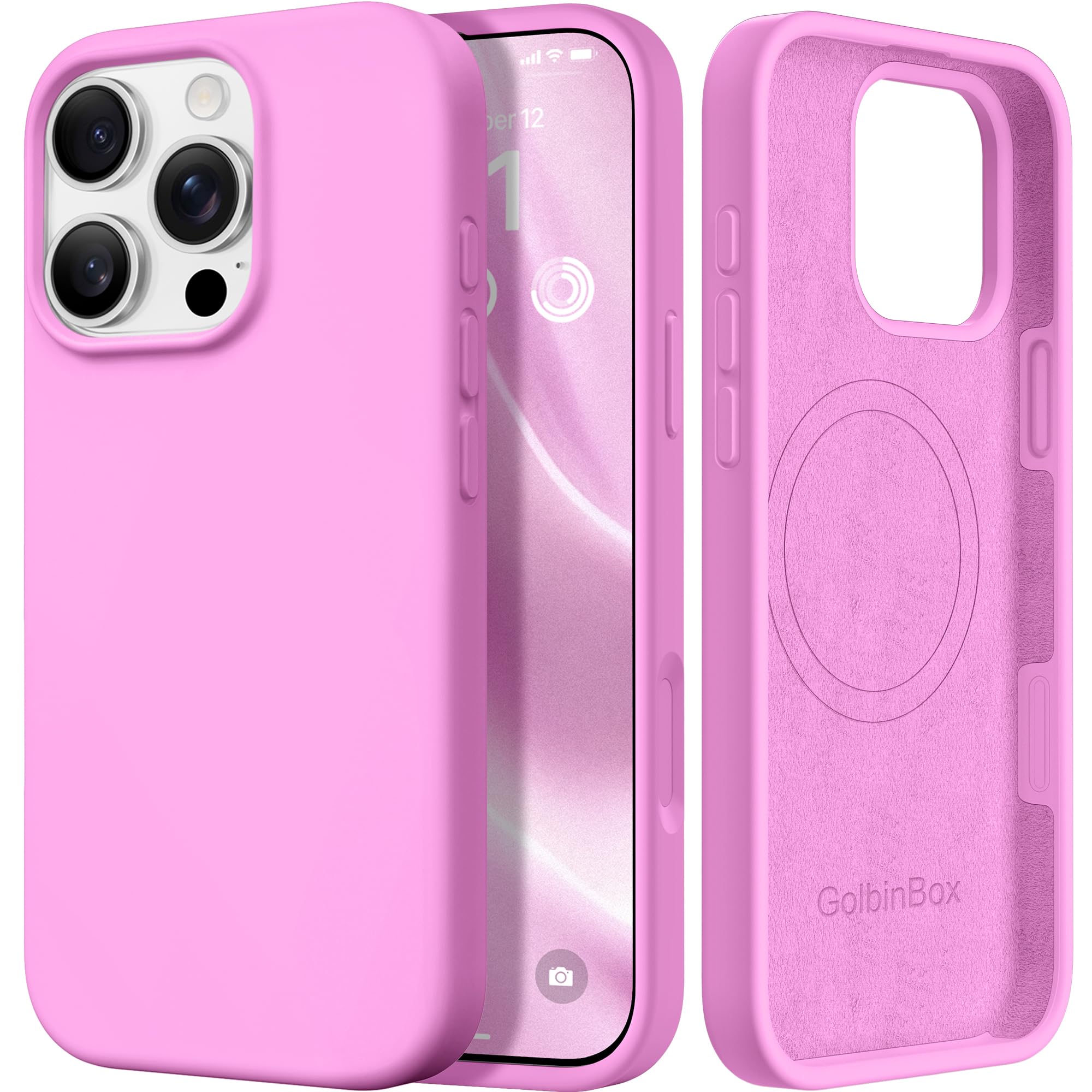 GolbinBox Magnetic for iPhone 17 Pro Max Case, Compatible with MagSafe, [Full Camera Protection] [Screen Protector], Silicone Shockproof Phone Cover with Anti-Scratch Microfiber Lining, Chalk Pink