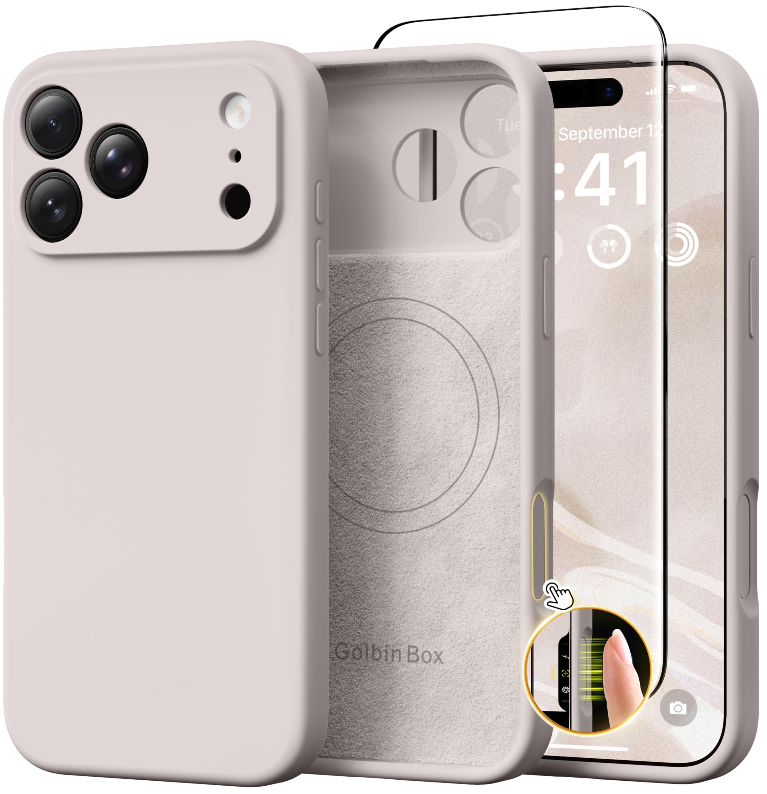 GolbinBox Magnetic for iPhone 17 Pro Max Case, Compatible with MagSafe, [Full Camera Protection] [Screen Protector], Silicone Shockproof Phone Cover with Anti-Scratch Microfiber Lining, Chalk Pink