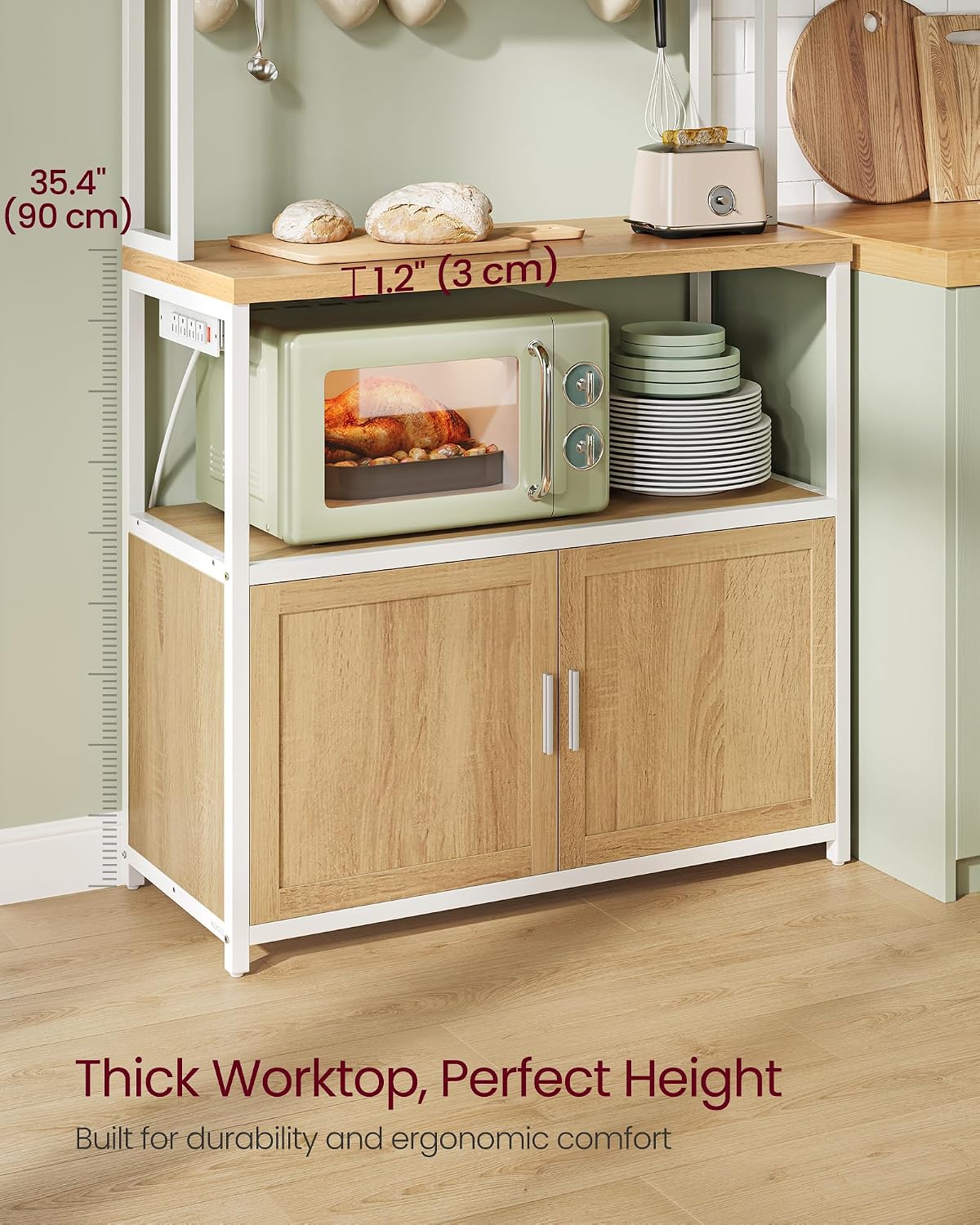 VASAGLE Kitchen Bakers Rack with Power Outlet, Coffee Bar with 35.4-Inch High Worktop, Microwave Stand with 8 Hooks, 15.7 x 31.5 x 66.9 Inches, Golden Oak and Cloud White UKKS059Y01