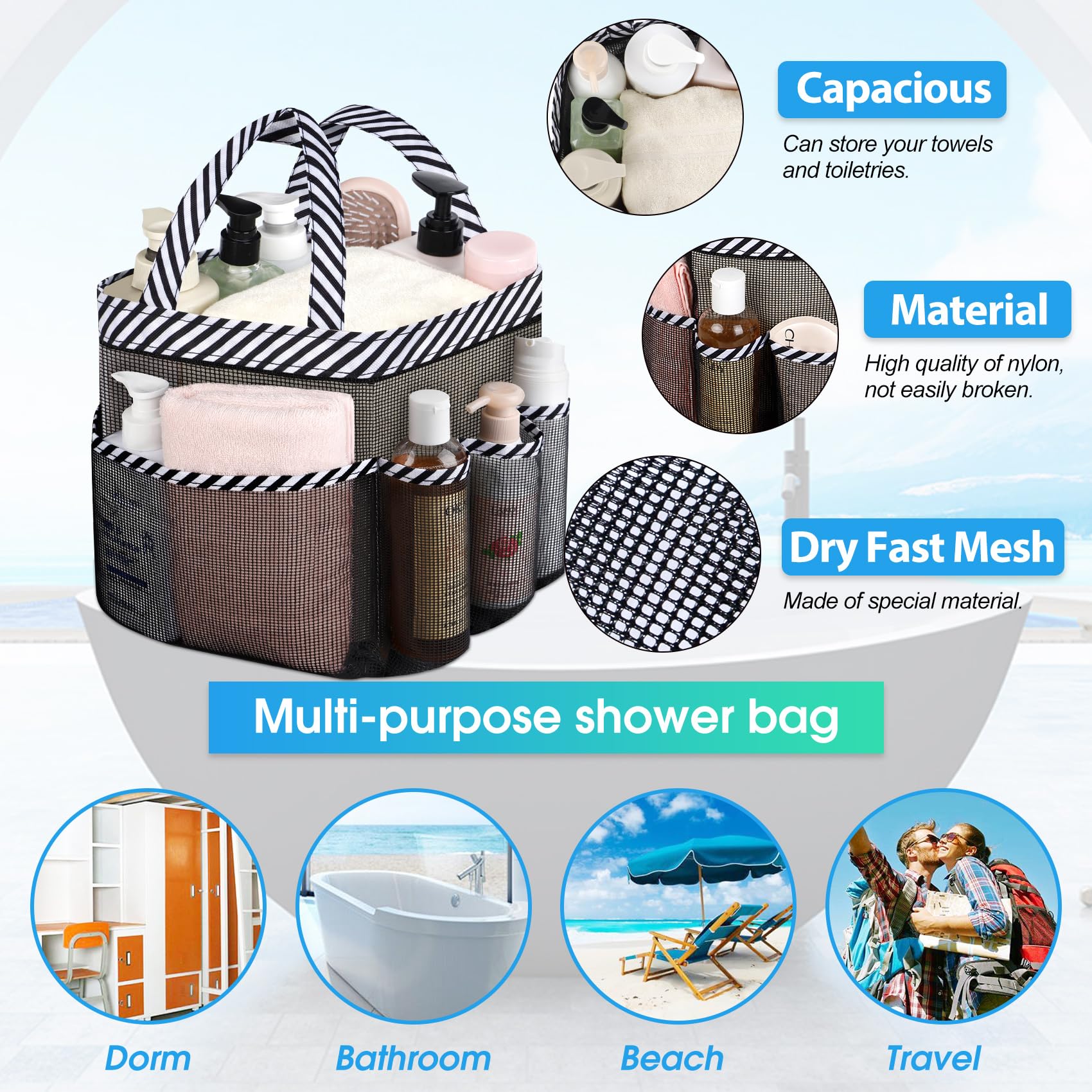 Attmu Mesh Shower Caddy Portable for College Dorm Room Camping Essentials, Shower Caddy Dorm with 9-Pockets, Large Capacity Hanging Basket Bathroom Bag for Toiletry, Swimming, Gym, Camp, Beach