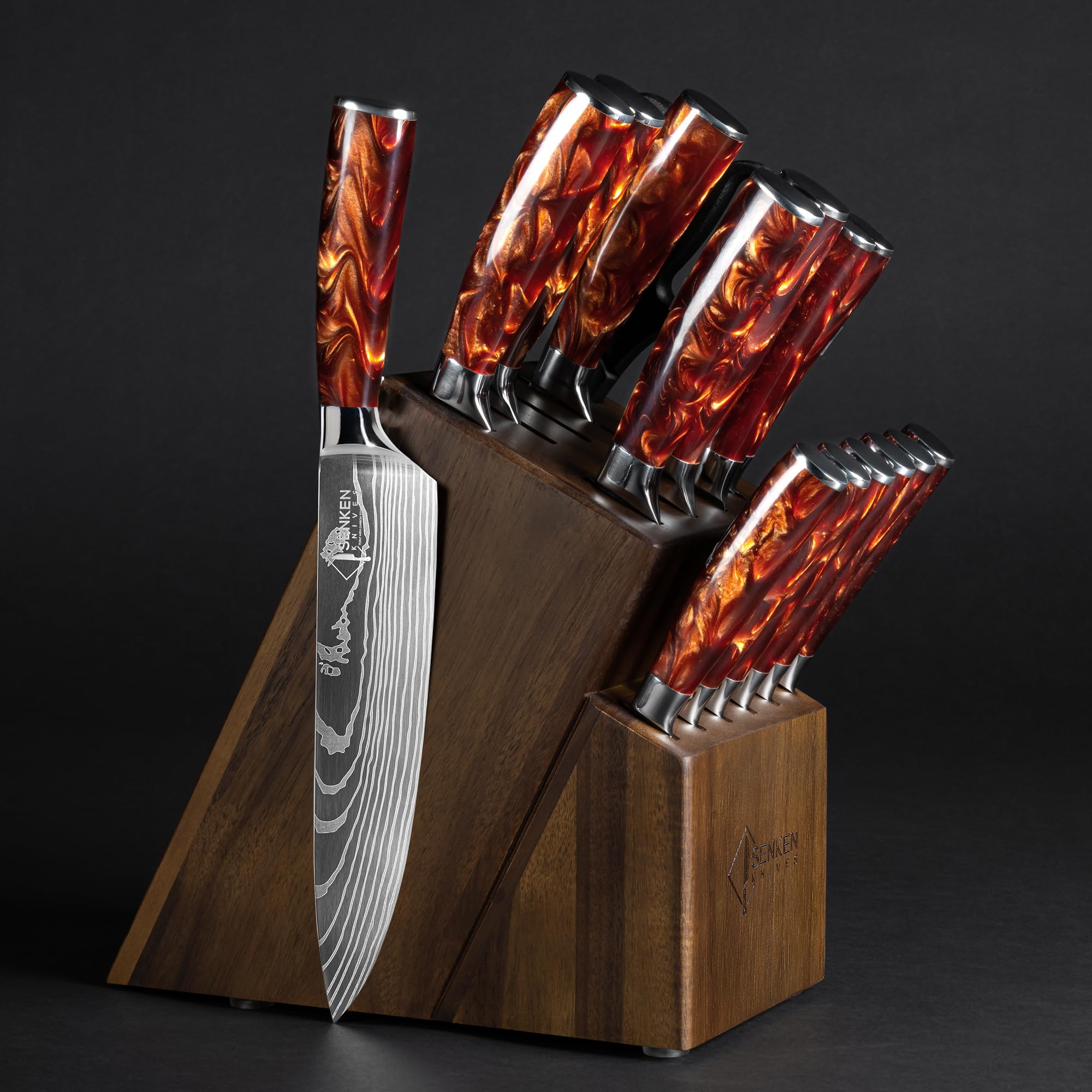 SENKEN 16-Piece Knife Block Set - Japanese High Carbon Stainless Steel with Damascus Pattern, Dark Wood Handles, 6 Steak Knives & Acacia Hardwood Block (Brown)