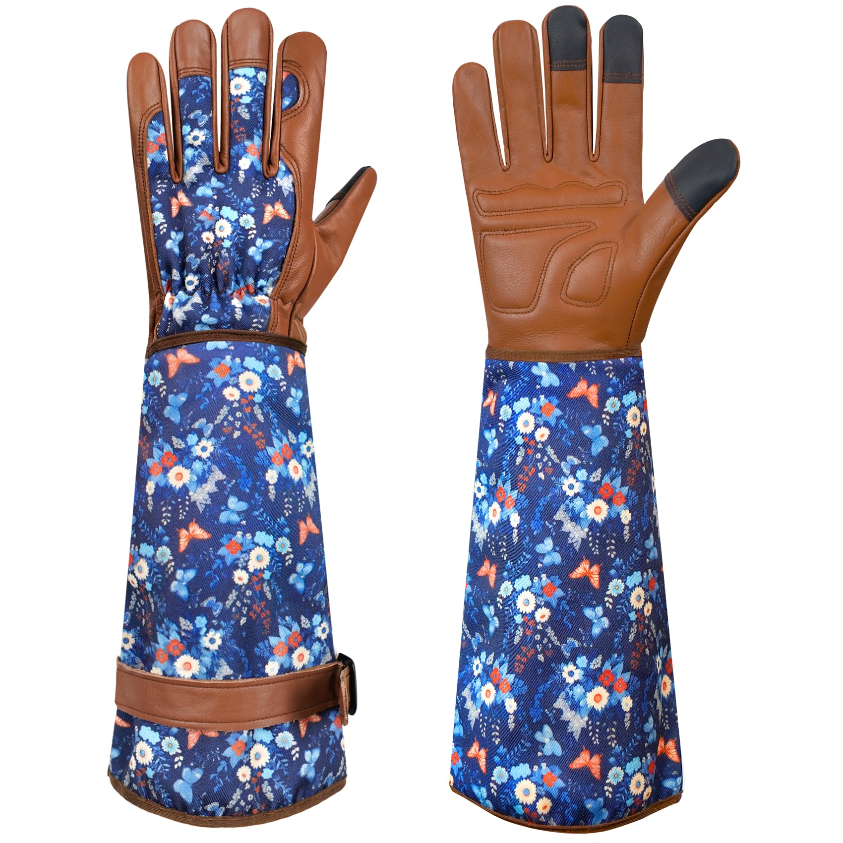 DLY Garden Gloves for Women,Gardening Gloves,Gardening Gift for Lady,Blue,M | Thornproof Cowhide Palm, Foam-Padded Grip, Long Sunflower Print Cuff, 3-Finger Touchscreen, Rose Pruning, Weeding & Yard Work