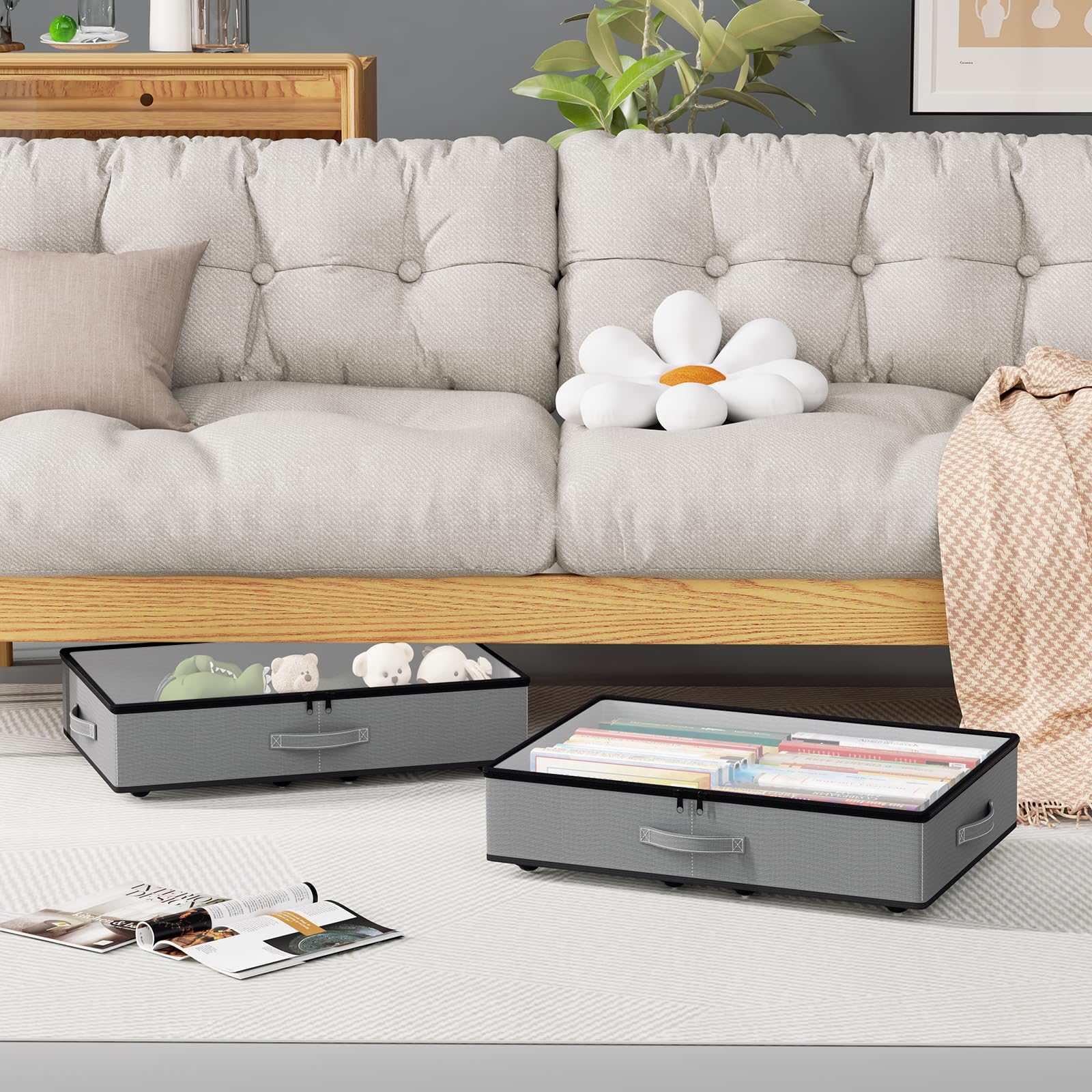 EE-RoomWorld Under Bed Storage with Wheels, No Assemble Required 10 inches height Under Bed Storage bins,Large capacity Rolling Underbed Shoe Storage containers，dorm underbed storage drawers