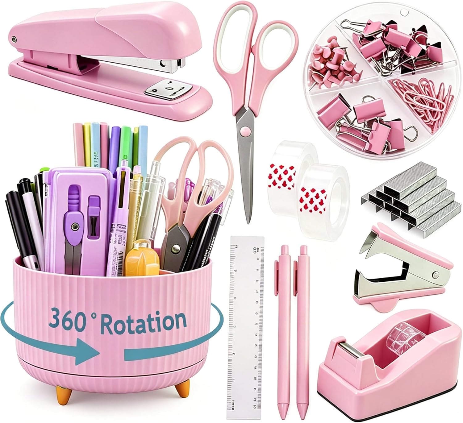 Gawsey Pink Desk Organizers and Accessories with Desk Organizer 360° Rotating Pen Holder and Office Supplies, Cute Stationery Supplies Set