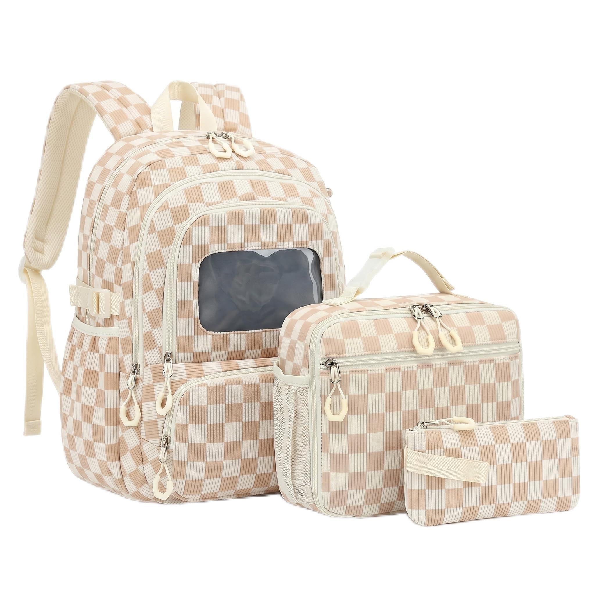 Corduroy School Backpack Set for Girls Boys Women, 3Pcs Kids Bookbag with Lunch Box & Pencil Pouch, Elementary Middle High School College Daypack 15.6" Laptop Bag for Work Travel, Leopard Brown
