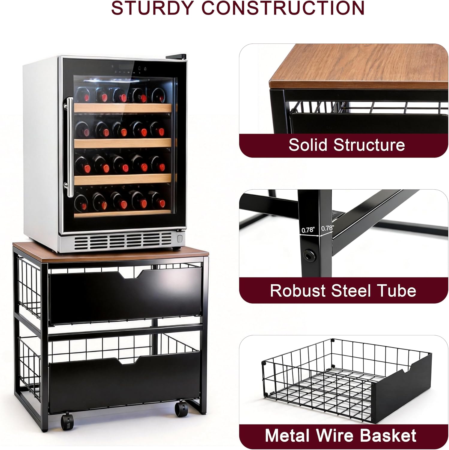 Mini Fridge Stand with Storage, Heavy Duty Mini Fridge Table, Small Refrigerator Stand, For Dorm Office Apartment Home, 21.6”L x 21.6”W x 22.2”H, Max Load 250 LBS