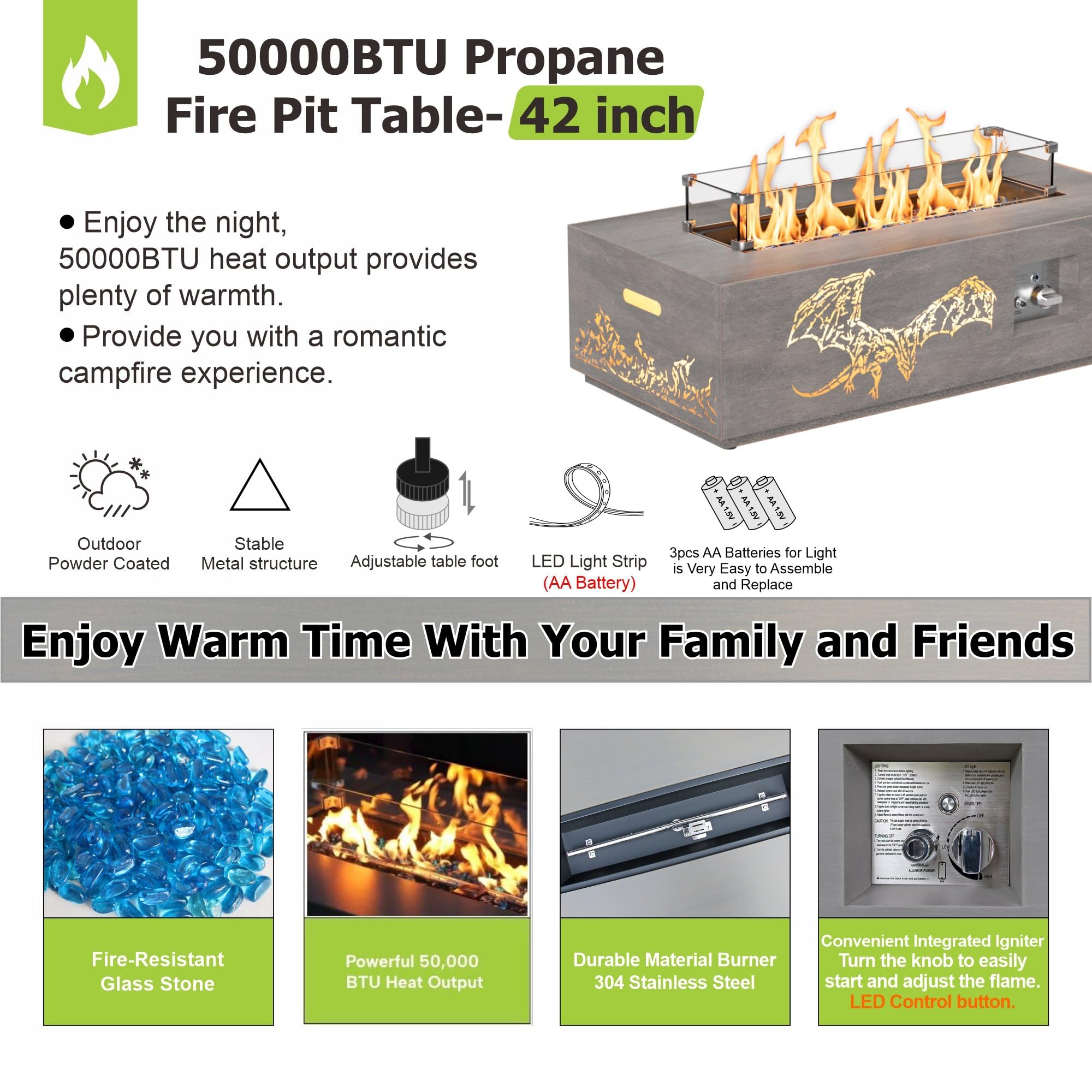SUNPEAK 42" Modern Fire Pit Table with LED Light 50,000 BTU Deck Fire Pit Table Includes Wind Guard, Lid, Rocks & Cover - Propane Gas Patio Fireplace, Chimenea para Patio (Grey/Golden Light, 42" LED)