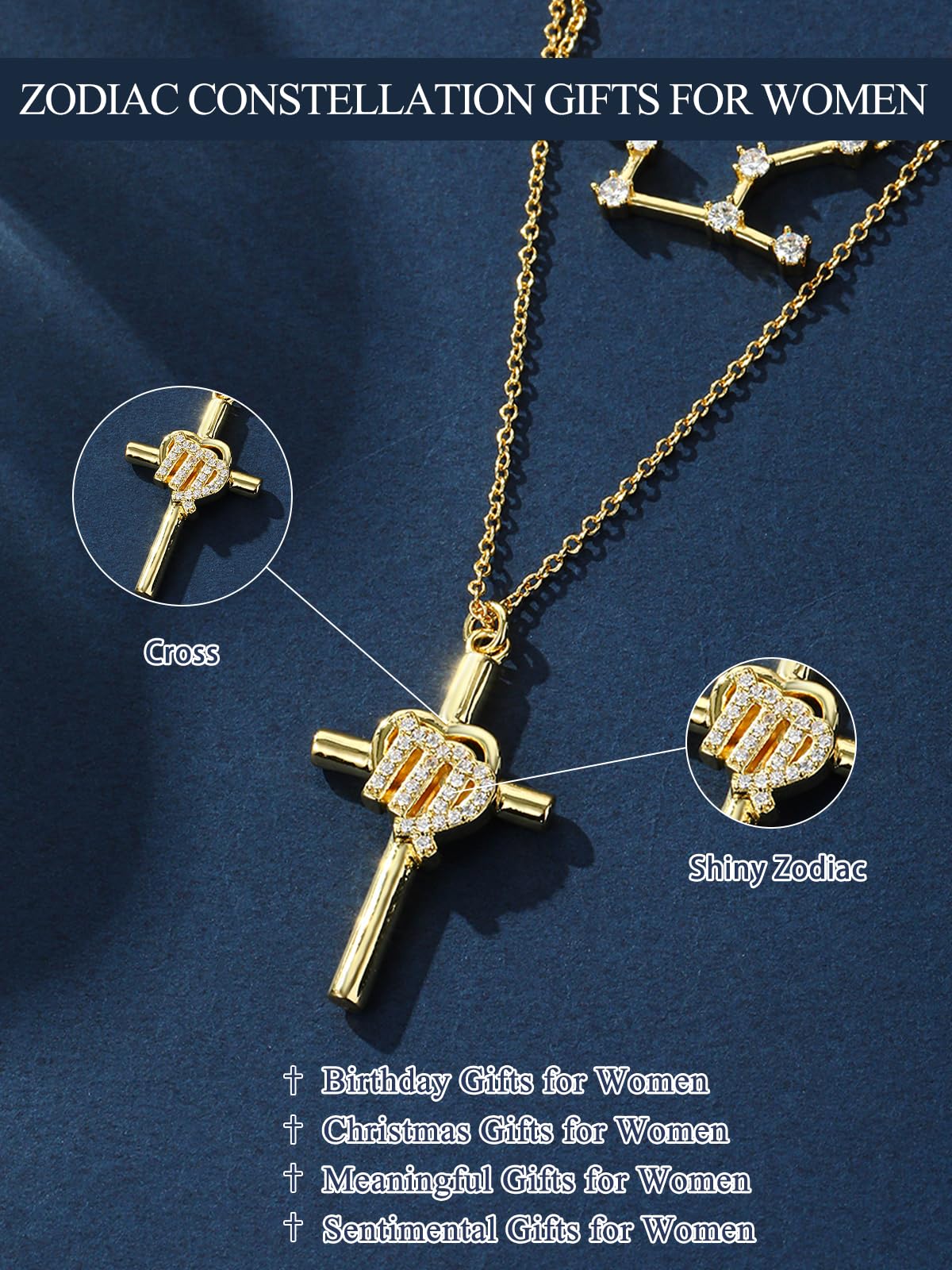 14K Gold Zodiac Cross Layered Necklace for Women - Horoscope Constellation Pendant with Cross,Luxury Anniversary Birthday Mothers Day Gifts Jewelry (12 Zodiac Signs)