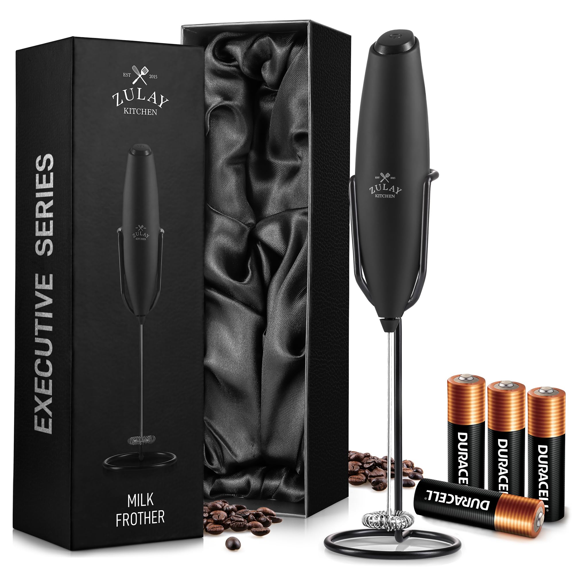 Zulay Kitchen Powerful Milk Frother Wand With Duracell Batteries - Ultra Fast Handheld Drink Mixer - Electric Whisk Foam Maker for Coffee, Lattes, Cappuccino & Matcha - Z1 Motor - Black
