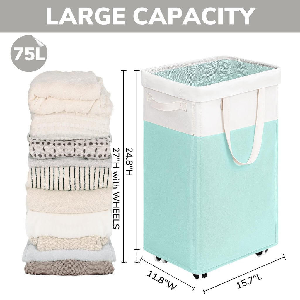 Goodpick Pink Laundry Basket with Wheels, Dorm Room Essentials for Girls, 75L Collapsible Laundry Basket, Laundry Hamper with Handle for College Dorm