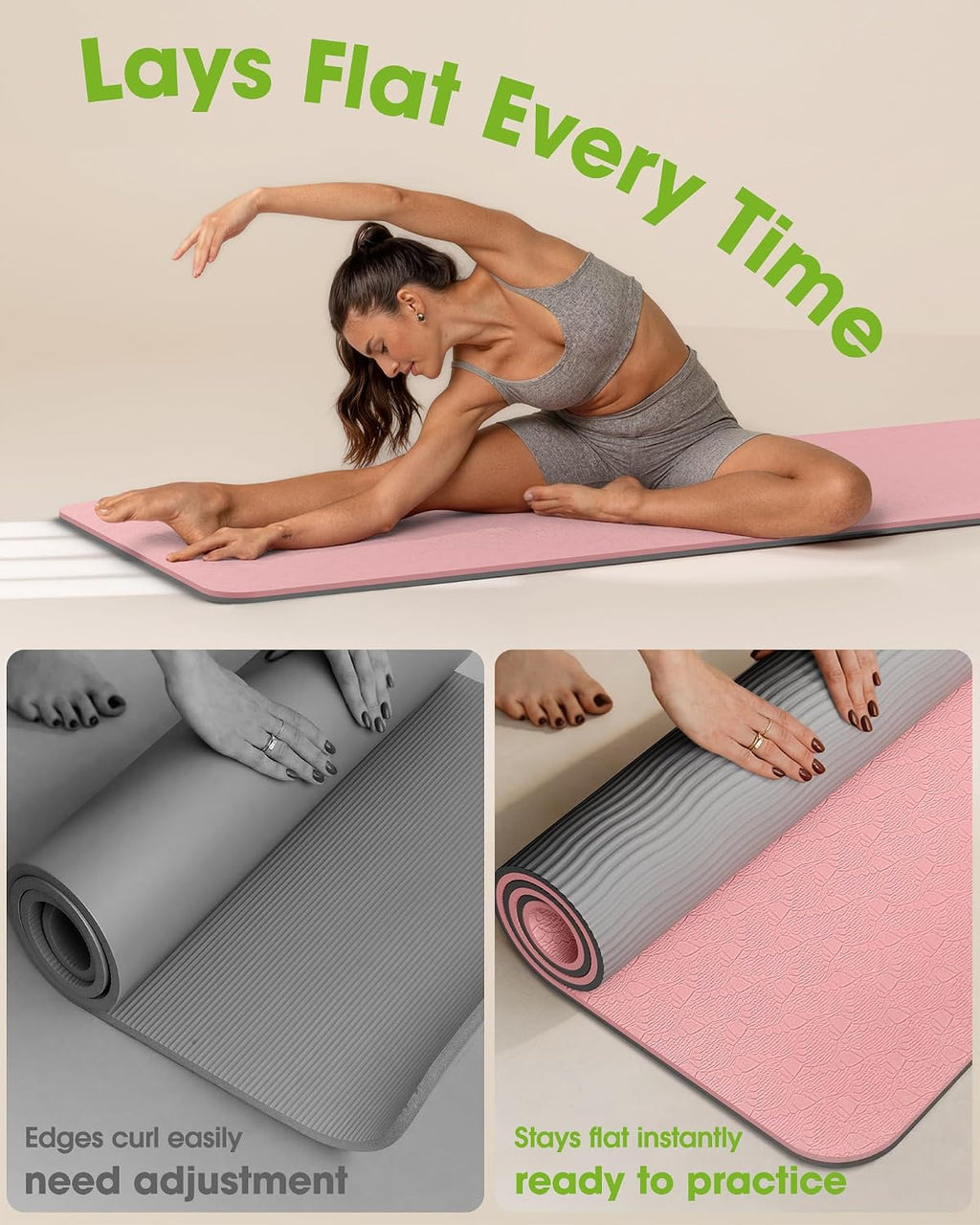 Pureegg Non Slip Yoga Mat, TPE, 72" x 24" x 0.24", Pilates | Workouts, Exercise, Core Training, Dual-Sided Texture, Stays Flat, Portable, With Strap & Carry Bag