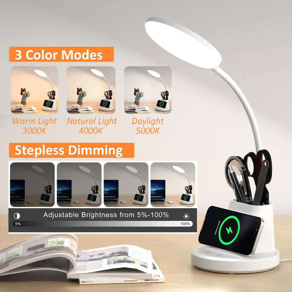 LED Desk Lamp with Wireless Charger for Home Office, Black | 3 Color Modes Dimmable Eye-Caring Study Desk Light for College Dorm Room, 360° Flexible Arm, Built-in Pen Holder, 800 Lumen