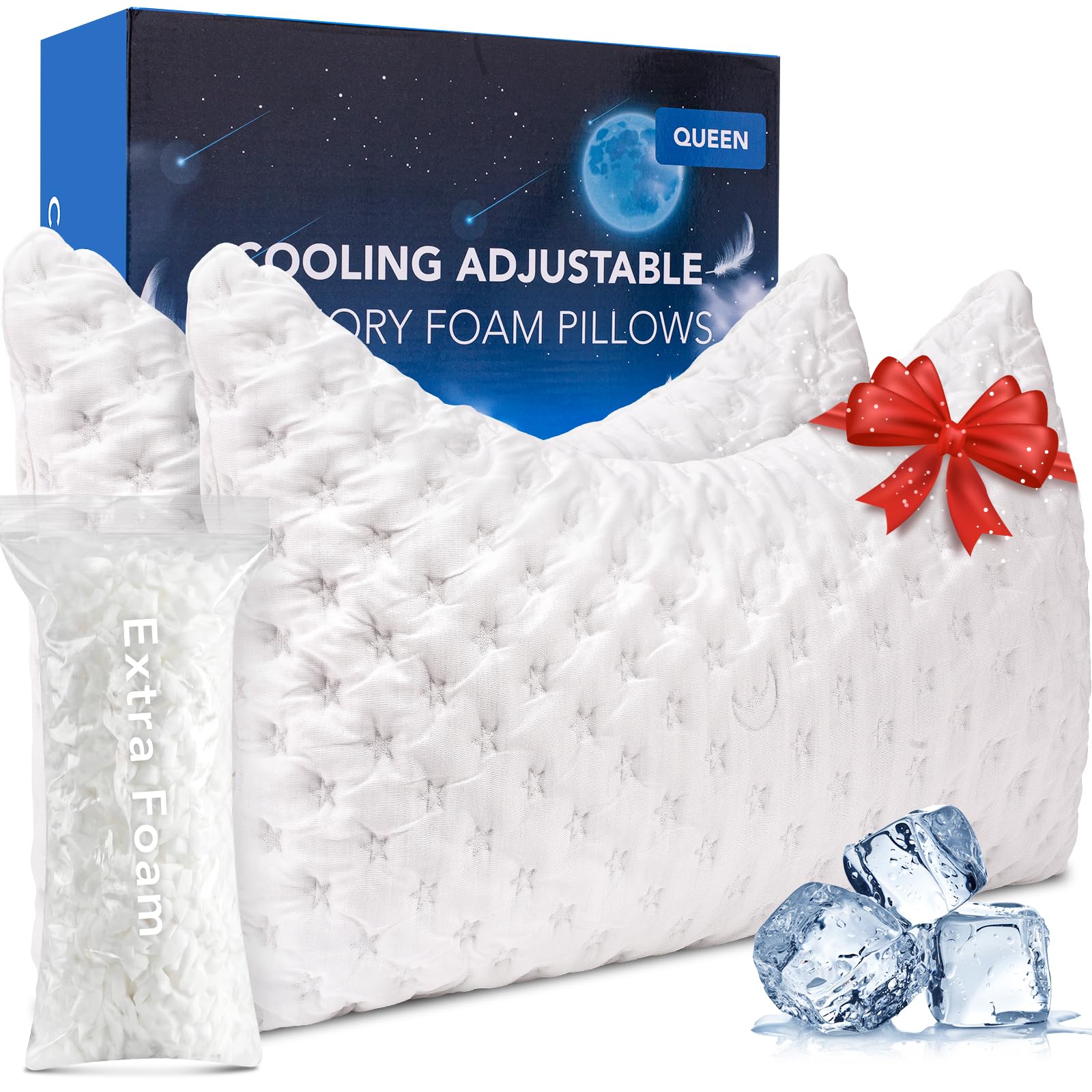KUCEY Cooling Side Sleeper Pillow for Neck and Shoulder Pain, Luxury Shredded Memory Foam Curved Bed Pillows for Sleeping Set of 1- Adjustable Queen Size- Washable Cover Crescent White