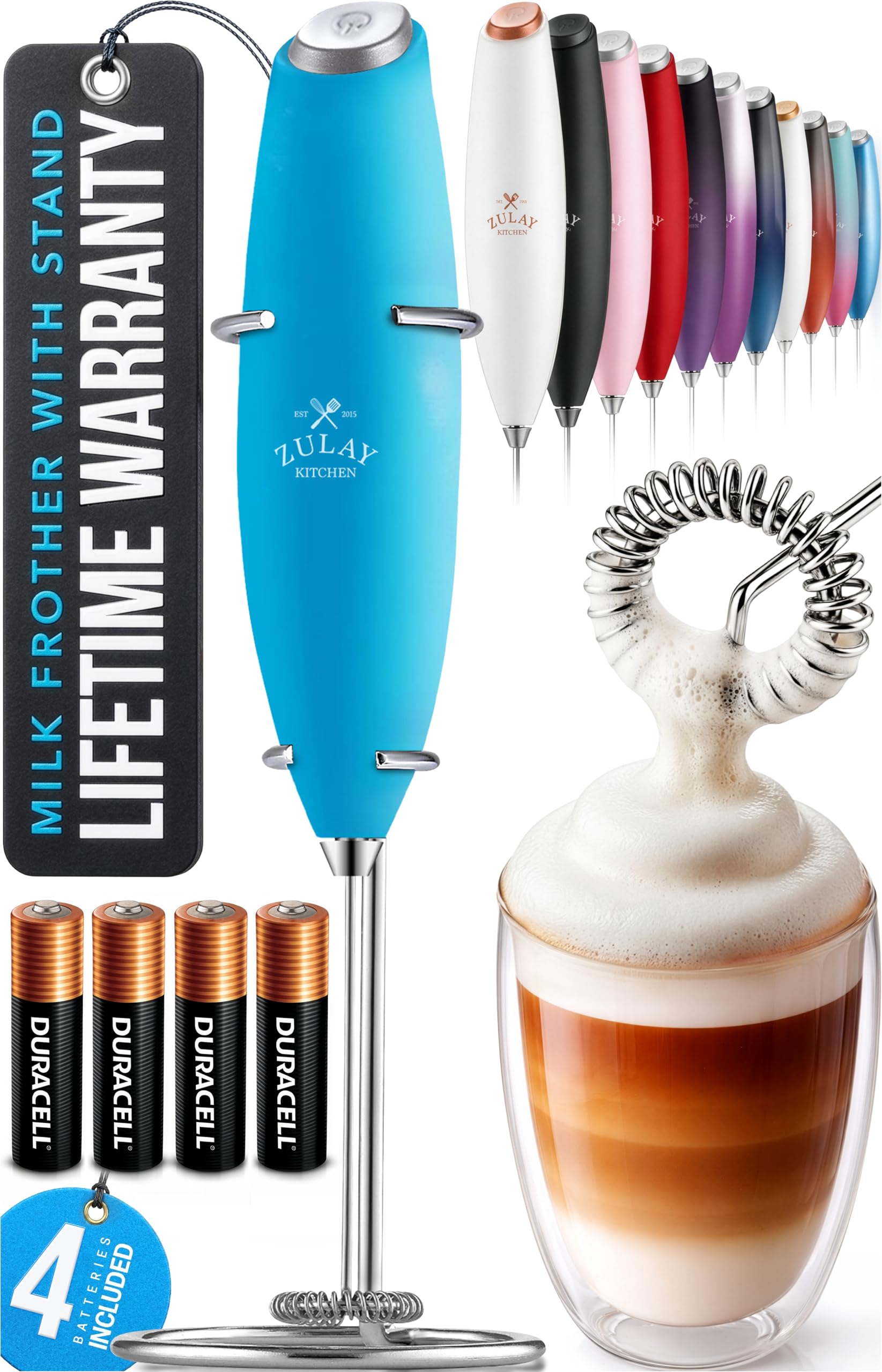 Zulay Kitchen Powerful Milk Frother Wand With Duracell Batteries - Ultra Fast Handheld Drink Mixer - Electric Whisk Foam Maker for Coffee, Lattes, Cappuccino & Matcha - Z1 Motor - Black