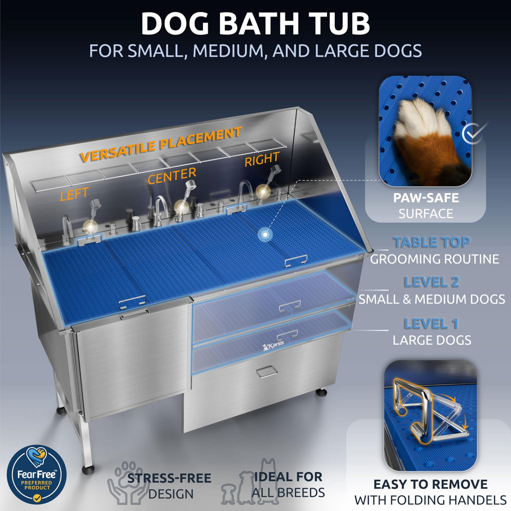 KANIS Professional Dog Washing Station 304 Stainless Steel Pet Wash Sink & Grooming Bathtub w/Shower, Floor Grates and Storage for Large, Medium & Small Pets (Silver, 50 Inches, Right Ramp, 1 Drawer)