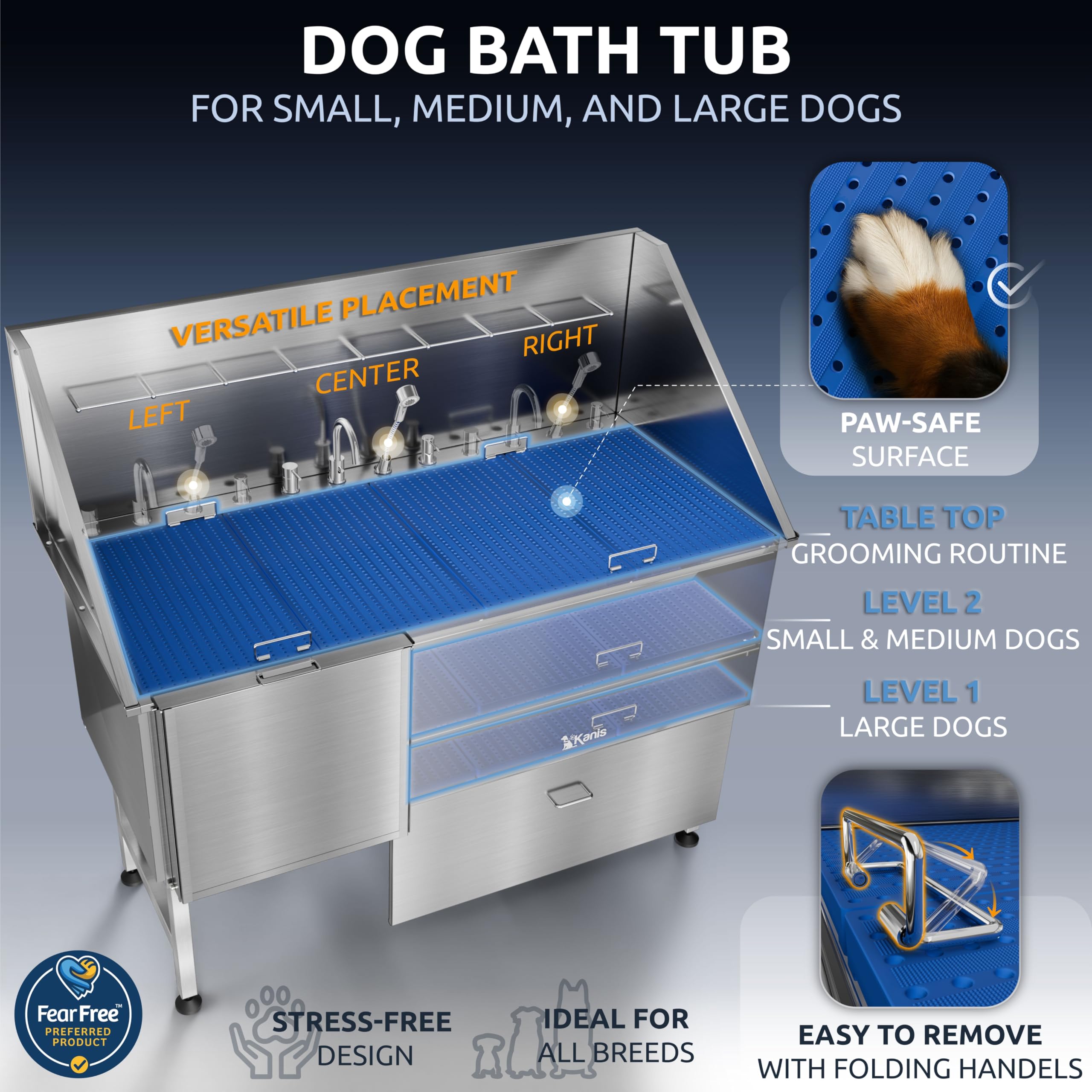 KANIS Professional Dog Washing Station 304 Stainless Steel Pet Wash Sink & Grooming Bathtub w/Shower, Floor Grates and Storage for Large, Medium & Small Pets (Silver, 50 Inches, Right Ramp, 1 Drawer)