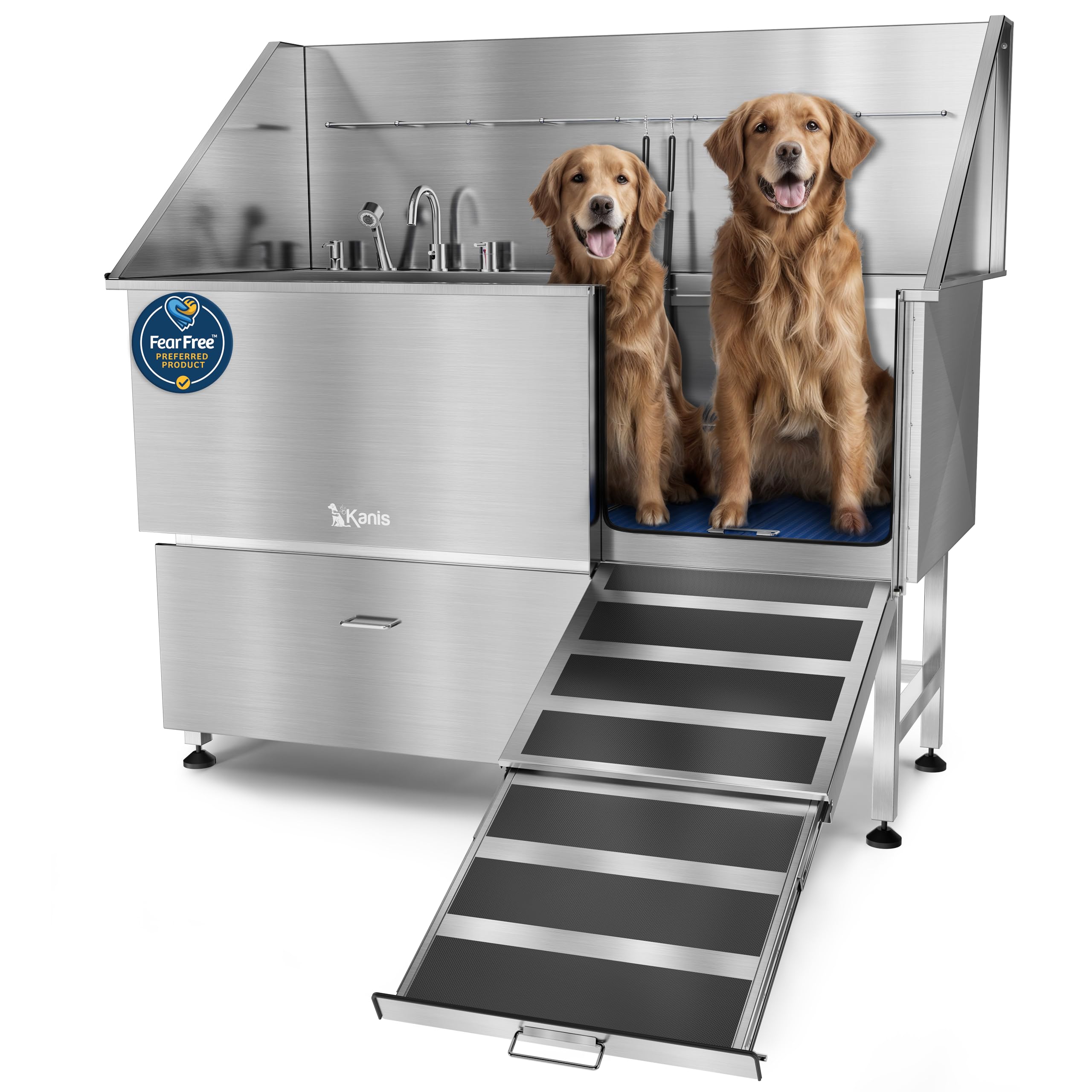 KANIS Professional Dog Washing Station 304 Stainless Steel Pet Wash Sink & Grooming Bathtub w/Shower, Floor Grates and Storage for Large, Medium & Small Pets (Silver, 50 Inches, Right Ramp, 1 Drawer)