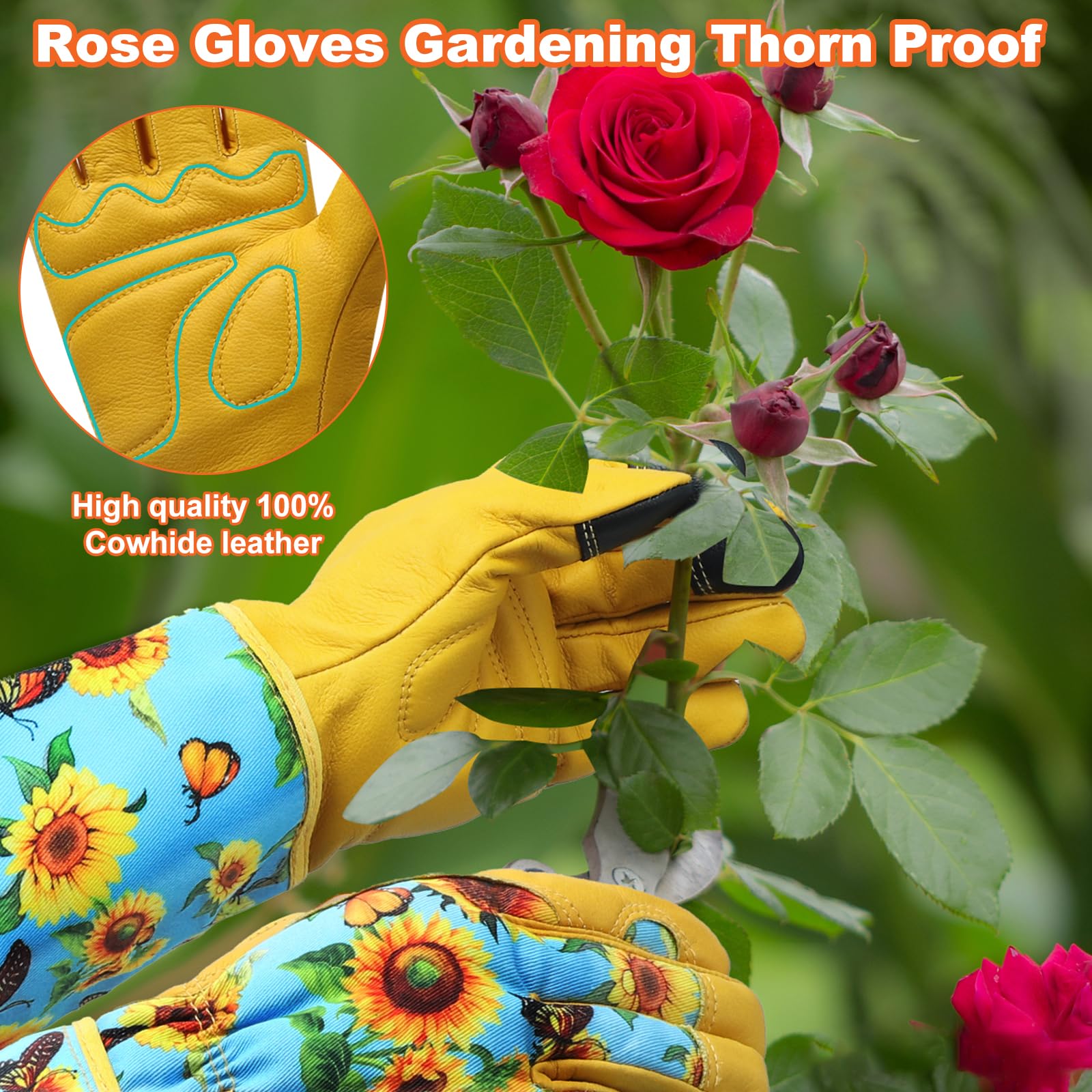 DLY Garden Gloves for Women,Gardening Gloves,Gardening Gift for Lady,Blue,M | Thornproof Cowhide Palm, Foam-Padded Grip, Long Sunflower Print Cuff, 3-Finger Touchscreen, Rose Pruning, Weeding & Yard Work