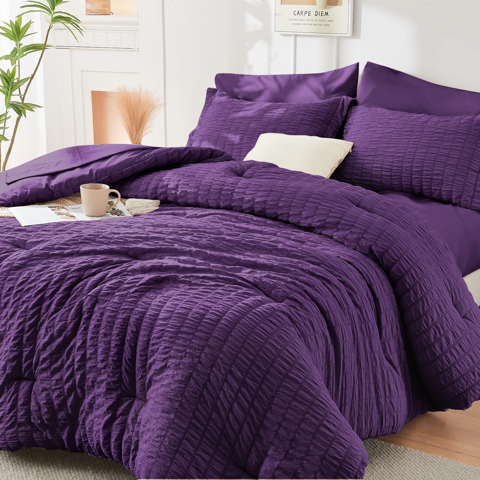 HYMOKEGE Twin XL Comforter Set Seersucker 5 Pieces, All Season Luxury Bed in a Bag for Bedroom, Bedding Set with Comforter, Sheet, Pillowcase & Sham, Dark Grey