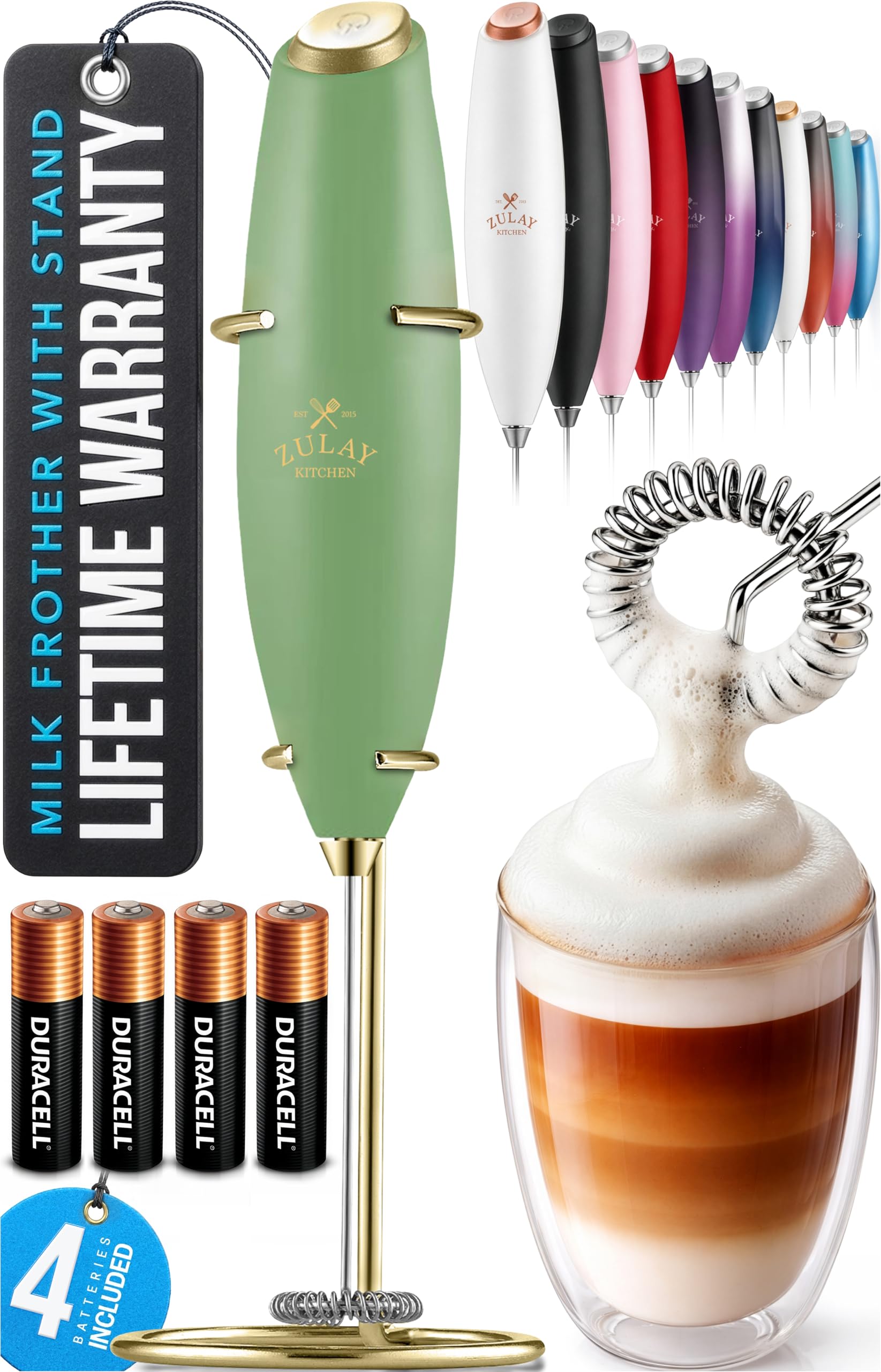 Zulay Kitchen Powerful Milk Frother Wand With Duracell Batteries - Ultra Fast Handheld Drink Mixer - Electric Whisk Foam Maker for Coffee, Lattes, Cappuccino & Matcha - Z1 Motor - Black