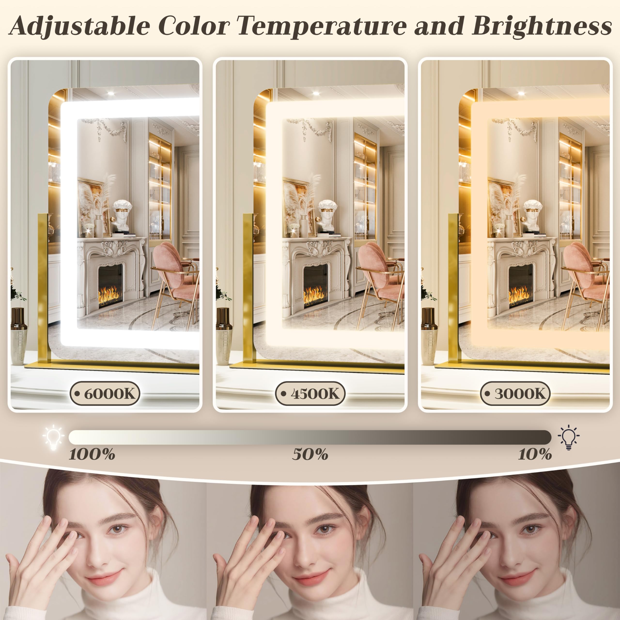 ROLOVE Vanity Mirror with Lights, 12.6"x15" LED Makeup Mirror with Lights, Smart Touch Control 3 Color Dimmable, Lighted Desk Mirror for Bedroom, Light Up Mirror