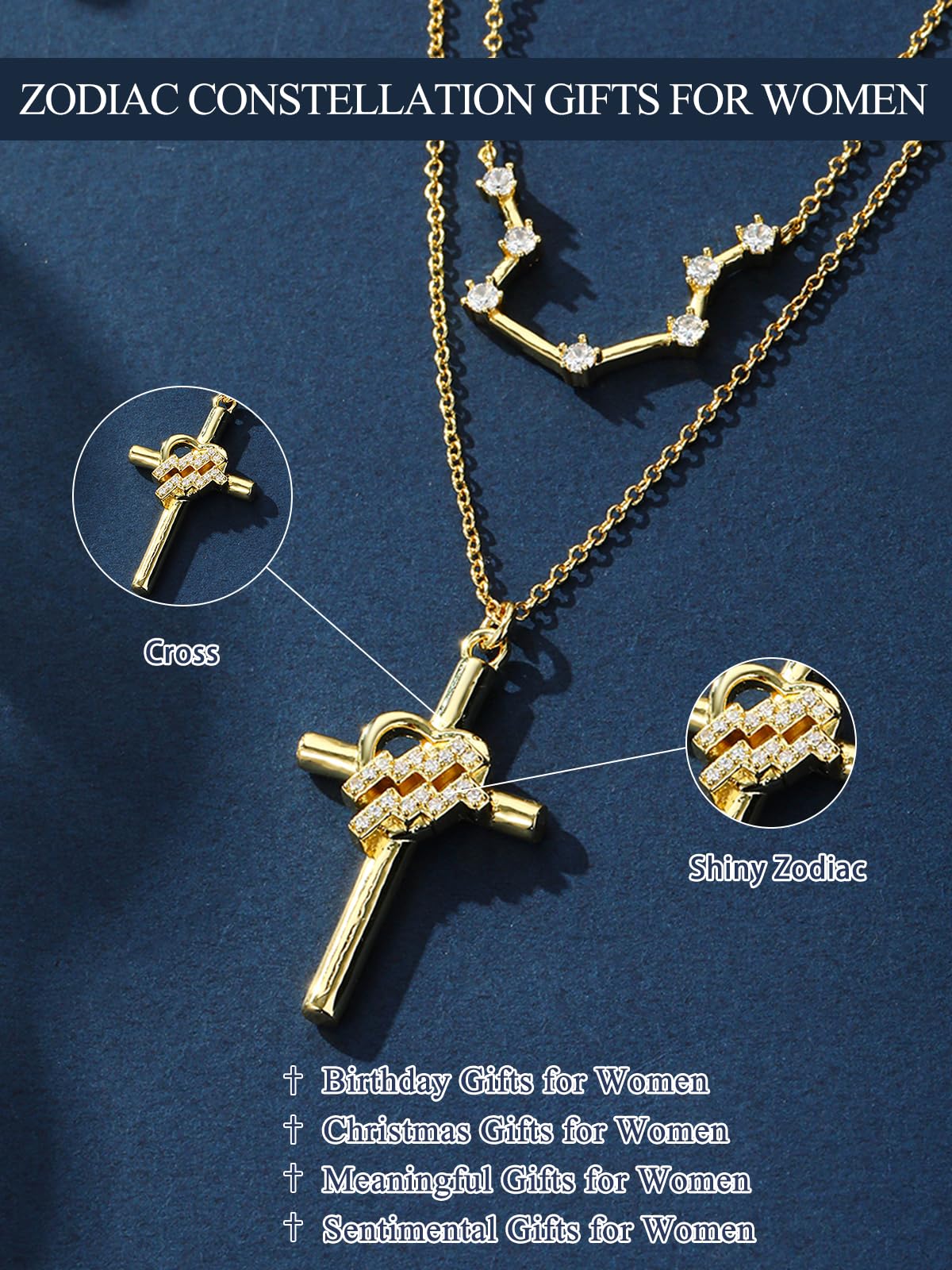 14K Gold Zodiac Cross Layered Necklace for Women - Horoscope Constellation Pendant with Cross,Luxury Anniversary Birthday Mothers Day Gifts Jewelry (12 Zodiac Signs)