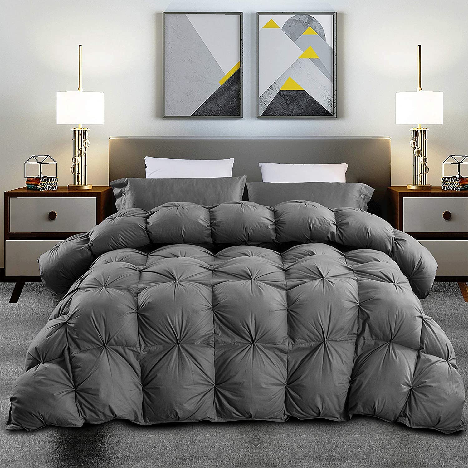 Luxurious All-Season Goose Down Feather Fiber Comforter California King Size Duvet Insert, Exquisite Pinch Pleat Design, Premium Baffle Box, 100% Egyptian Cotton Cover, 80 oz. Fill Weight, Black