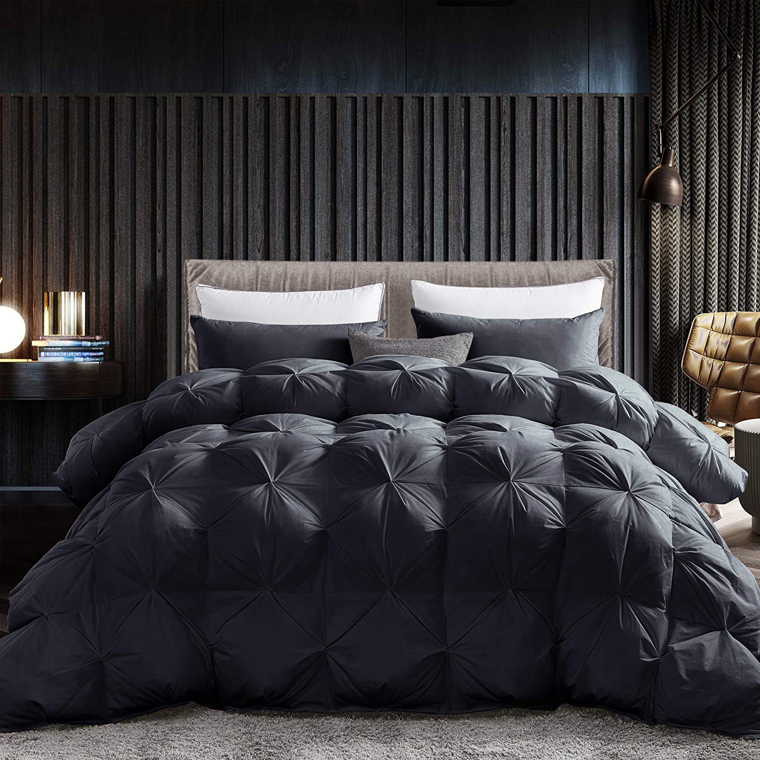 Luxurious All-Season Goose Down Feather Fiber Comforter California King Size Duvet Insert, Exquisite Pinch Pleat Design, Premium Baffle Box, 100% Egyptian Cotton Cover, 80 oz. Fill Weight, Black