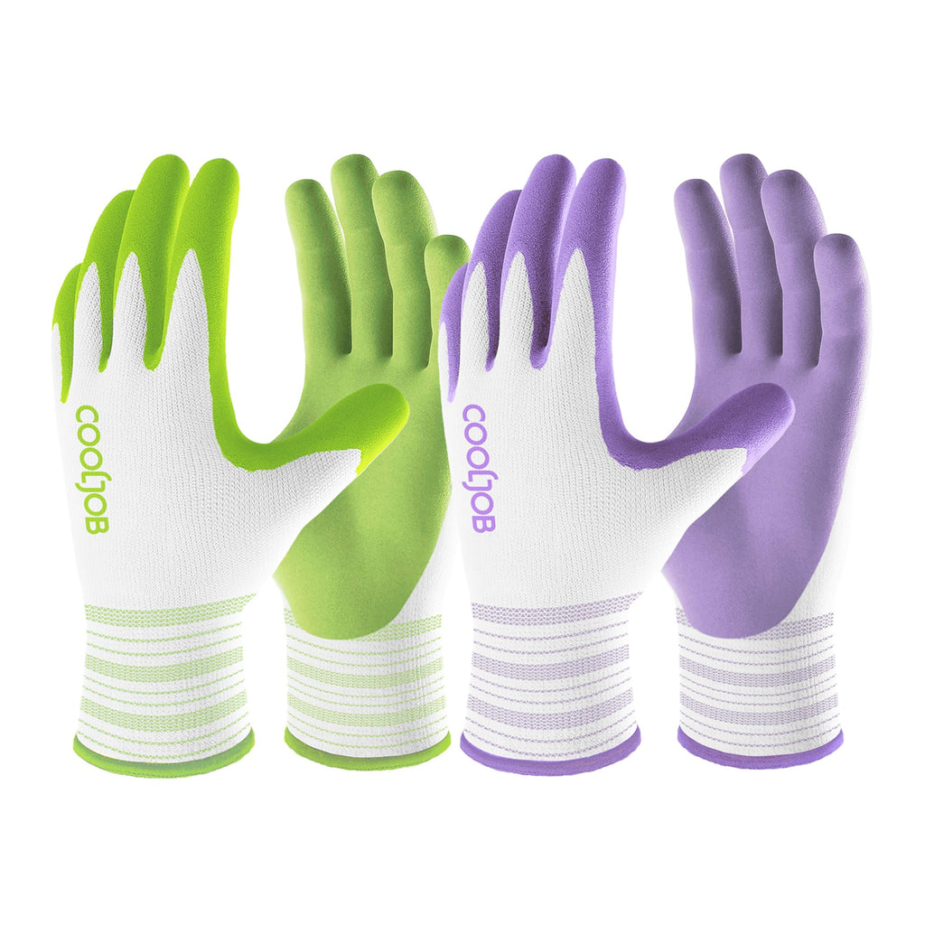 COOLJOB 2 Pairs Gardening Gloves for Women Ladies, Breathable Rubber Coated for Yard Garden, Outdoor Indoor Protective Work with Grip, Medium Size, Red & Green | Red & Blue, Textured Latex Palm, Breathable Polyester Liner, Flexible Fit, Machine Washable,