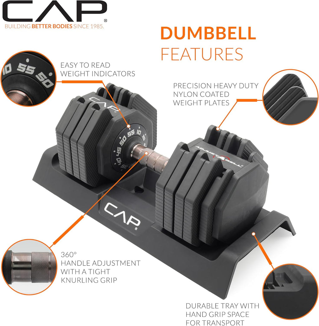 CAP ADJUSTABELL Adjustable Dumbbell Set, Premium Quick Select Adjustable Weights for Strength Training, Singles & Pairs, 12.5 LB, 25 LB & 55 LB, Round & Hex Dumbbells, Multiple Grip Handle Options