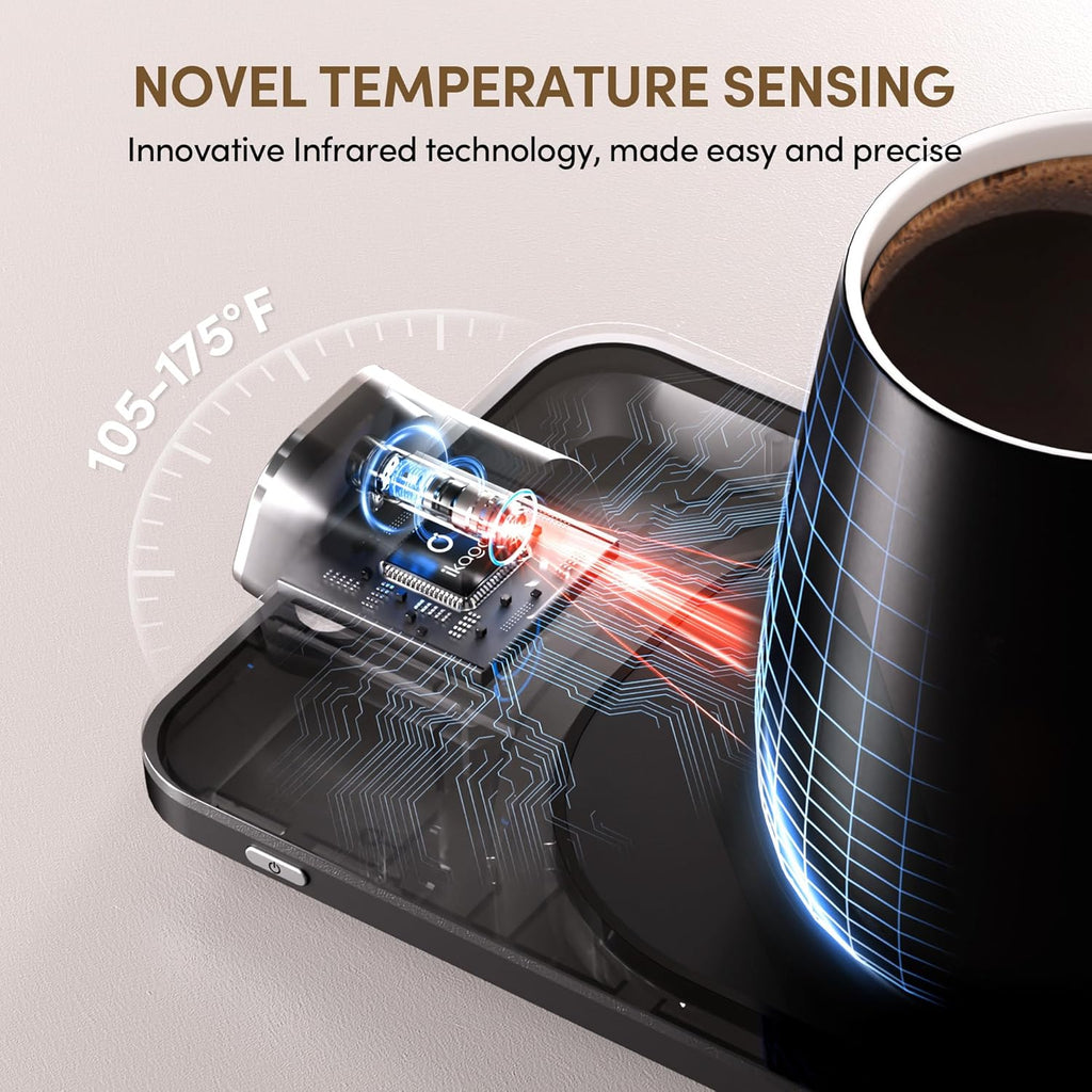 Coffee Cup Warmer & iKago Mug Set, 1℉ Precise Temp Control Mug Warmer | Auto Shut Off, Infrared Sensor, Dual Temp Display, ℉/℃ Optional, 15oz Mug with Spoon & Lid Included, Gifts for Men Women